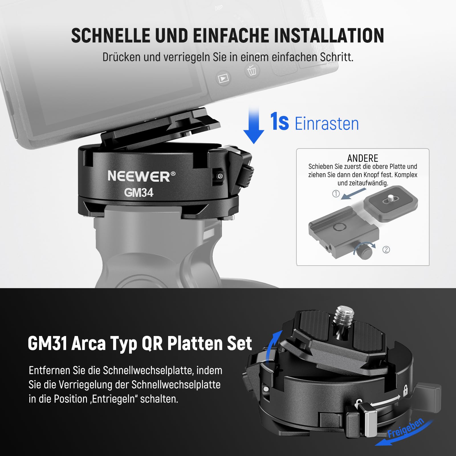 NEEWER GM34 Kamera Schnellwechselplatten Set, Schnellwechsel Automatikverriegelung, quadratische QR Montageplatte mit Arca Klemme, kompatibel mit Arca Swiss, Kameraklammer, maximale Belastung 11lb/5kg