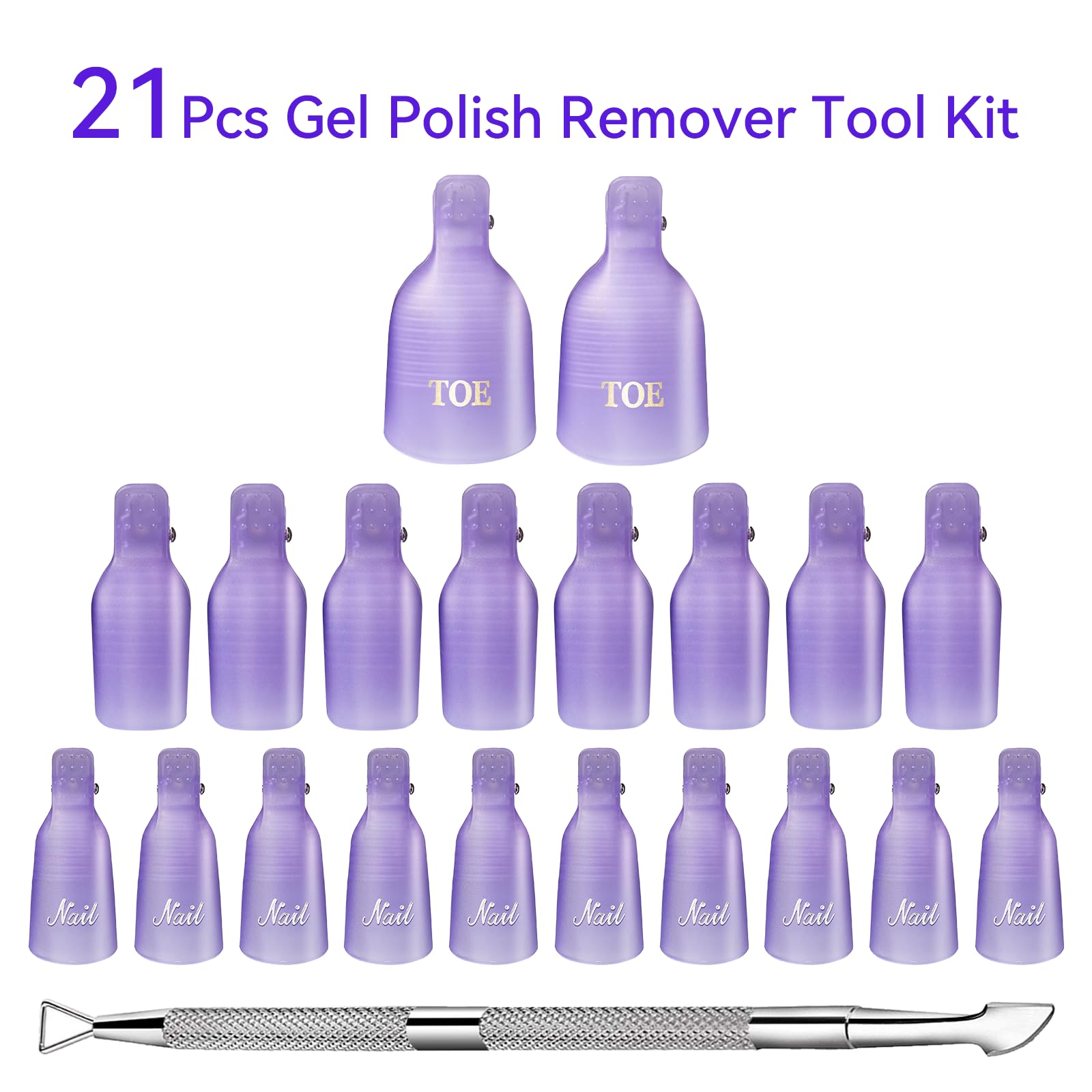 Clips de uñas para quitar el esmalte de gel, con empujador de cutículas de metal de doble extremo, 20 piezas de plástico reutilizable para dedos y dedos de los pies clips para remoción de 2