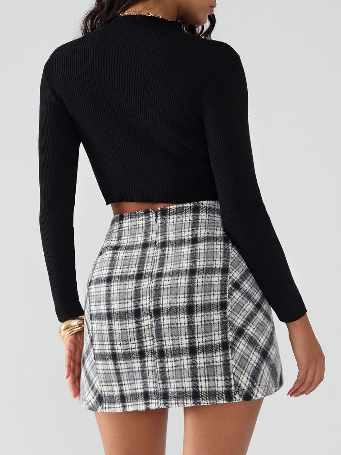 EXLURA Women's Fashion Faux Wool Mini Skirt High Waisted Y2K Trendy Side Slit Tweed Plaid Skirts 2025 Fall Winter Outfits - Image 7