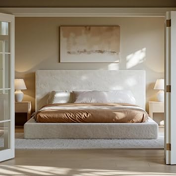 Evermagin White King Upholstered Cloud Bed Frame with Headboard | Soft Frame Cloud Bed with 2 Tray Tables, Modern Platform Cushion Bed Frame for Bedroom, No Box Spring Required Easy Assembly