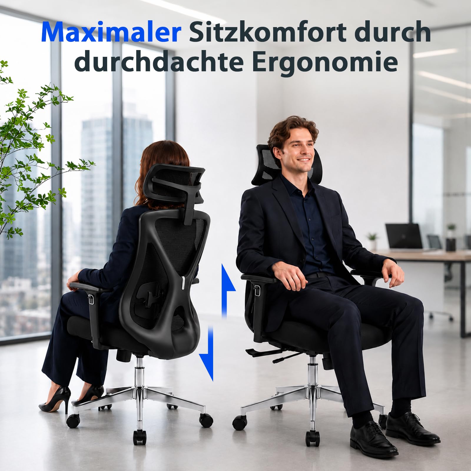 Hoolamyie Ergonomischer Bürostuhl mit Kopfstütze & Lendenstütze, Drehstuhl mit Sitztiefenverstellung, 3D Armlehnen, Mesh Schreibtischstuhl ergonomisch für Homeoffice & Büro, Schwarz