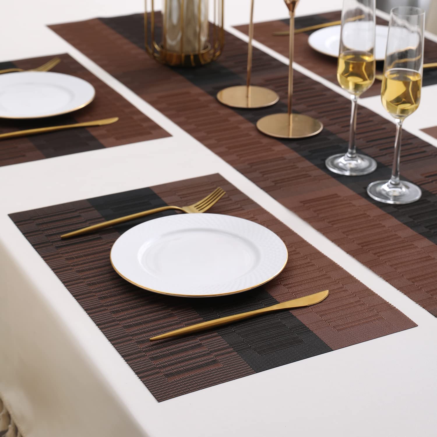 Hokipo Pvc Dining Table Mats With Runner For Table 4 Seater (Ar3288) - Brown 2