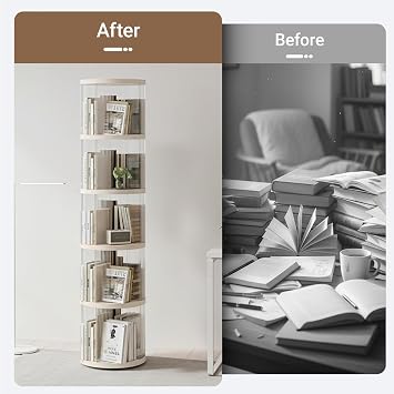 Rotating Bookshelf 360° Tower Bookcase Round 5 Tier Modular Book Shelf Space Saving Corner Bookcase for Small Spaces, Living Room, Bedroom, Kids Room, Home Office