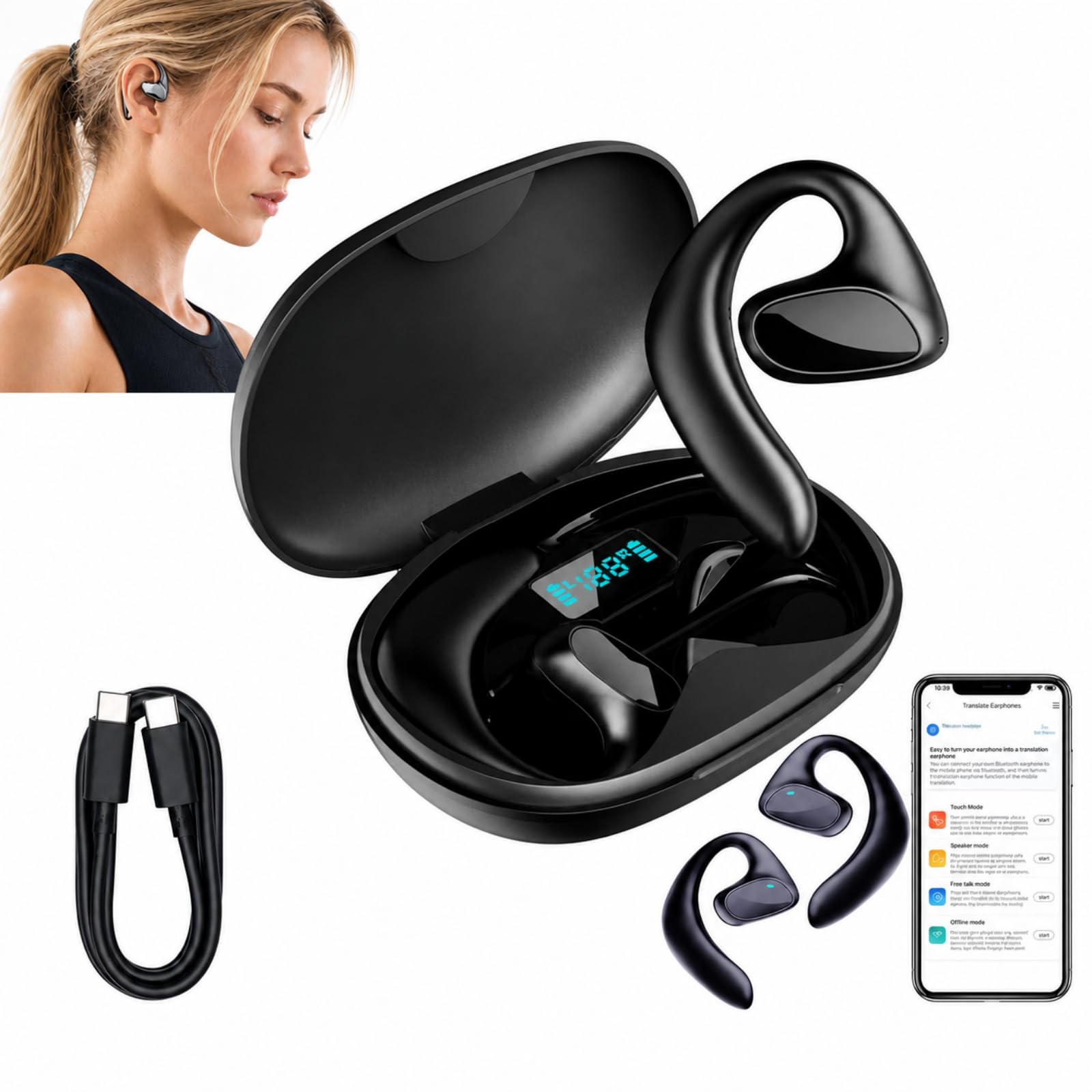 AAFGVC Sonabuds Translator Real Language Translator Earbuds AI Translation Earphones Offline Use Open Ear Listening For Meetings Travel Study (Black)