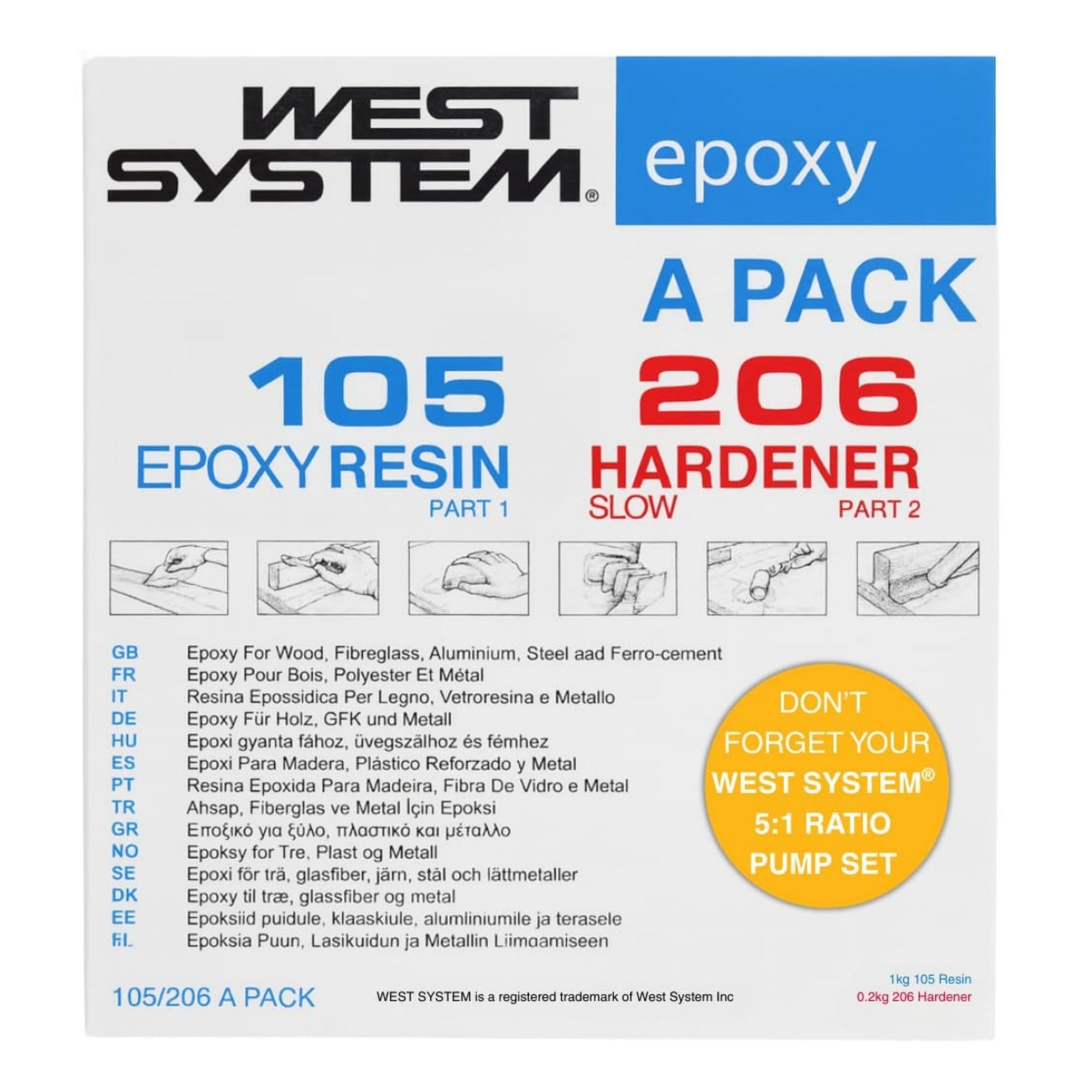 WEST SYSTEM Résine Époxy et Durcisseur 105/206 A Pack - Époxy Bi-composant de Qualité Marine pour Bois & Métal - Adhésif Étanche pour Réparation Bateaux et Utilisation Extérieure
