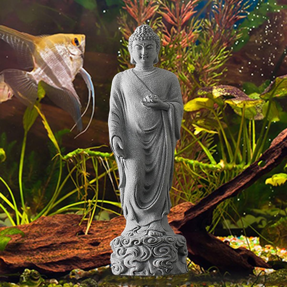 livelyfish Japanese Buddha Statue Sandstone Asian Aquarium Decorations Handmade Zen Buda Sculpture for Garden Fish Tank Aquarium Decor