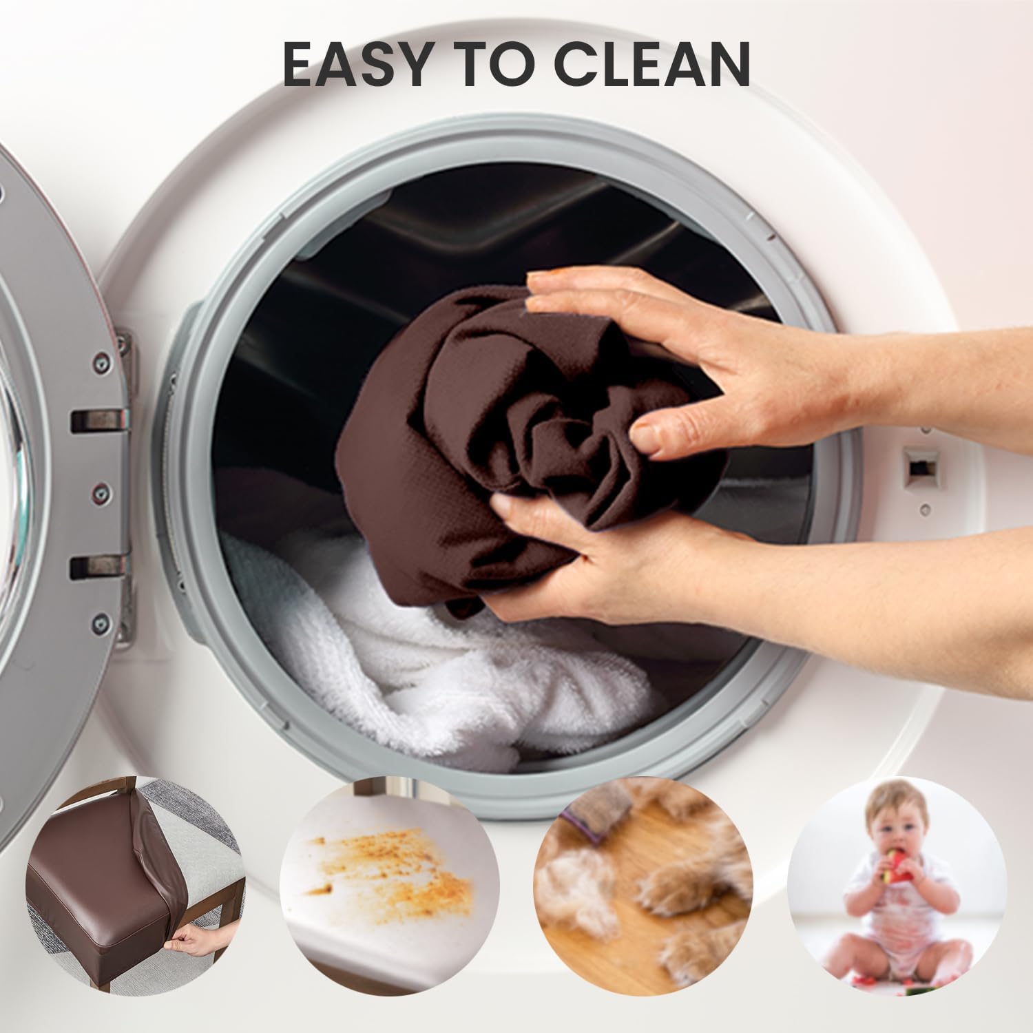 Coffee Brown Stretchable PU Leather Seat Covers - 6 Pcs Waterproof Slipcovers with Free DIY Cushioning Sponge Pads for Noise Reduction