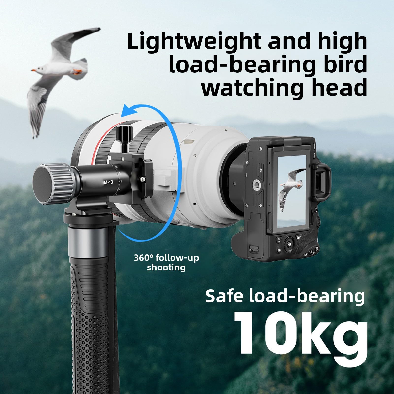 Jiawu MonoGimbal Head, nośność 10 Kg, Obrót 360 Stopni | Otwarcie gwintowe 3/8 cala, lekki i kompaktowy rozmiar, pojedynczy poziomica, pasuje do szybkozłączek Arca 50 mm.