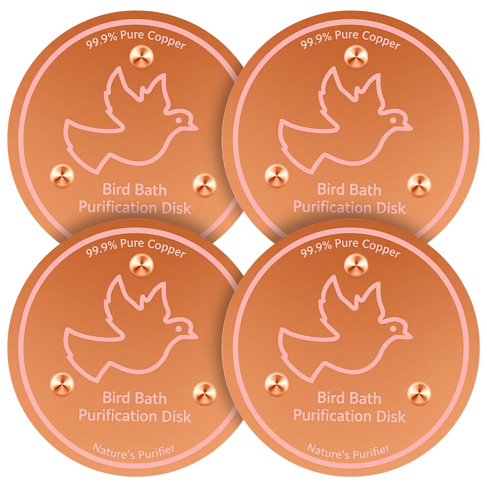 4Pcs Bird Bath Copper Disc, 99.99% Pure Copper Bird Bath Purification Disk 0.8mm Thick with Stable 3-Point Support BirdBath Cleaning Disc for Outdoor Birdbath & Fountain All-Season Cleaning (4pcs)
