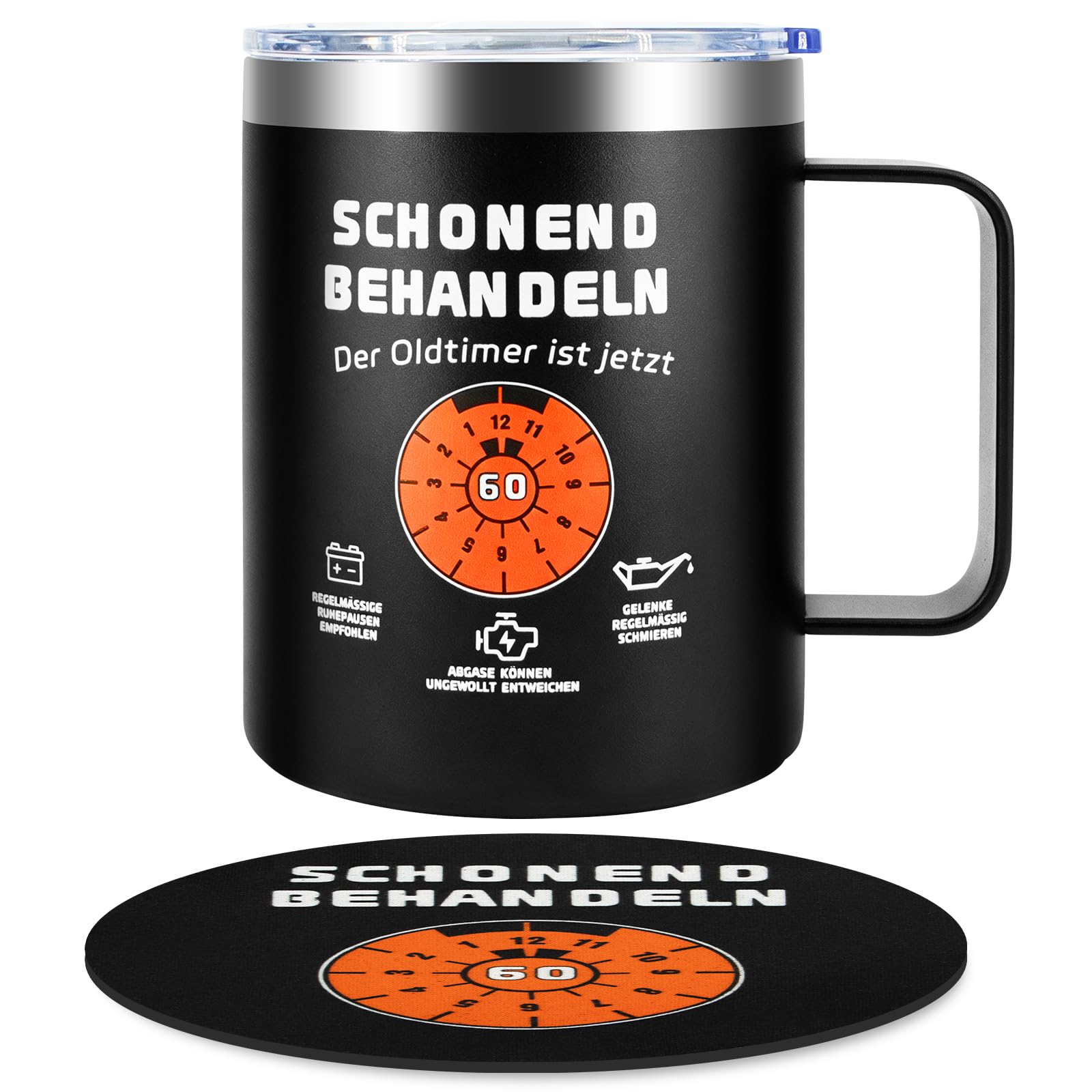Yuaerbuo Thermobecher 350ml 60 Geburtstag Geschenk Mann, Geschenk zum 60 Geburtstag Mann - Schonend behandeln der Oldtimer ist jetzt 60 - Geburtstagsgeschenk für Männer Papa Kollege (C)