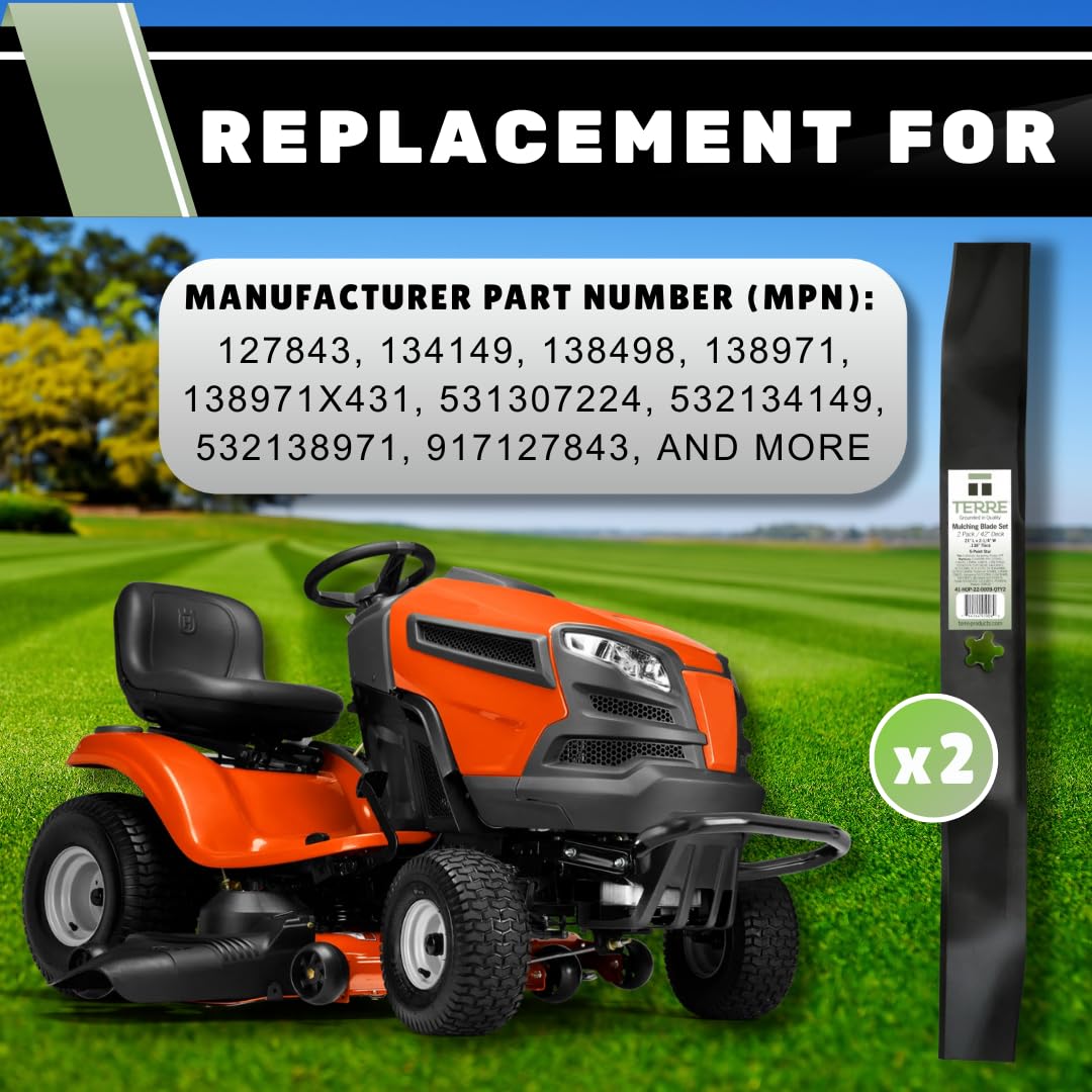 Phoenix Mfg. Juego de 2 cuchillas de repuesto para cortacésped de 106,6 cm. Reemplaza para Ariens, Craftsman, Husqvarna, Poulan y más. Reemplaza la pieza OEM: 134149, 532134149, 532 13 41-49 y 561714B