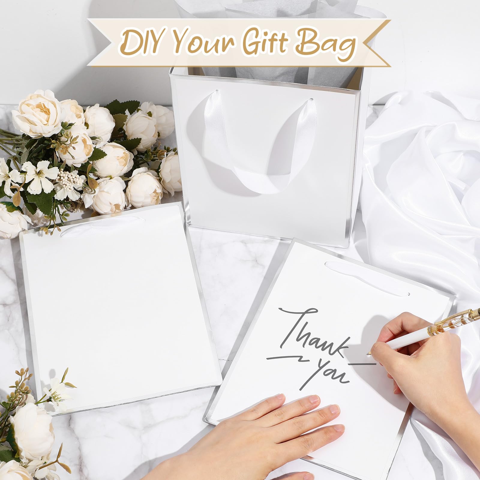 Yeaqee 50 Pack Metallic Gift Bags with Handle and Tissue Paper Gold Foil Thank You Bag for Graduation Wedding Groomsmen Bridal Baby Shower Gifts Holiday Party Favors 9x7x3.15'' (White Silver)