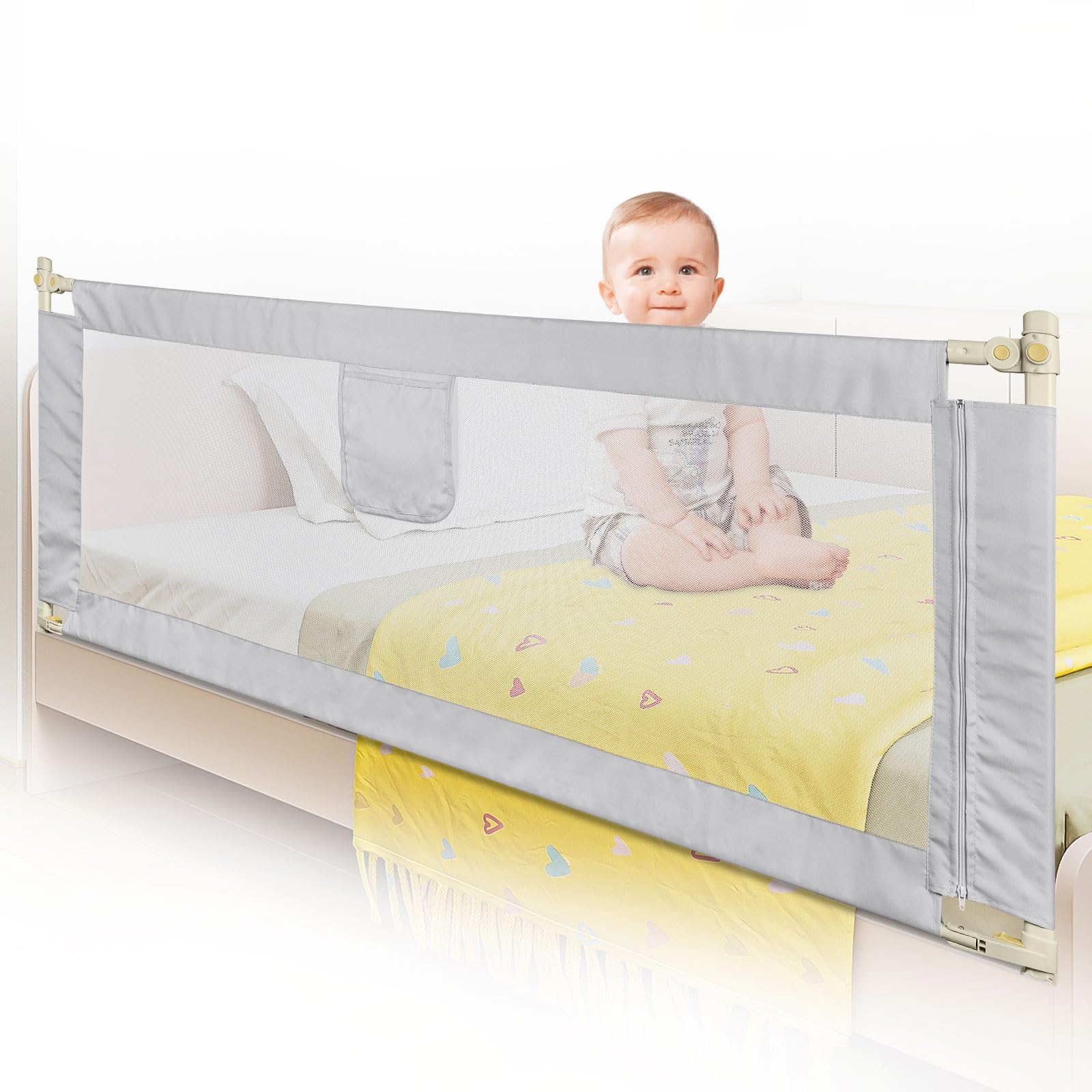 OHMG Bettgeländer,Sicherheitsgitter für Kinder,Sicherheitsgitter für Bett,höhenverstellbar,tragbar,Bettgitter, vertikales Heben,Sicherheitsgitter gegen (1.8M-grau klar)