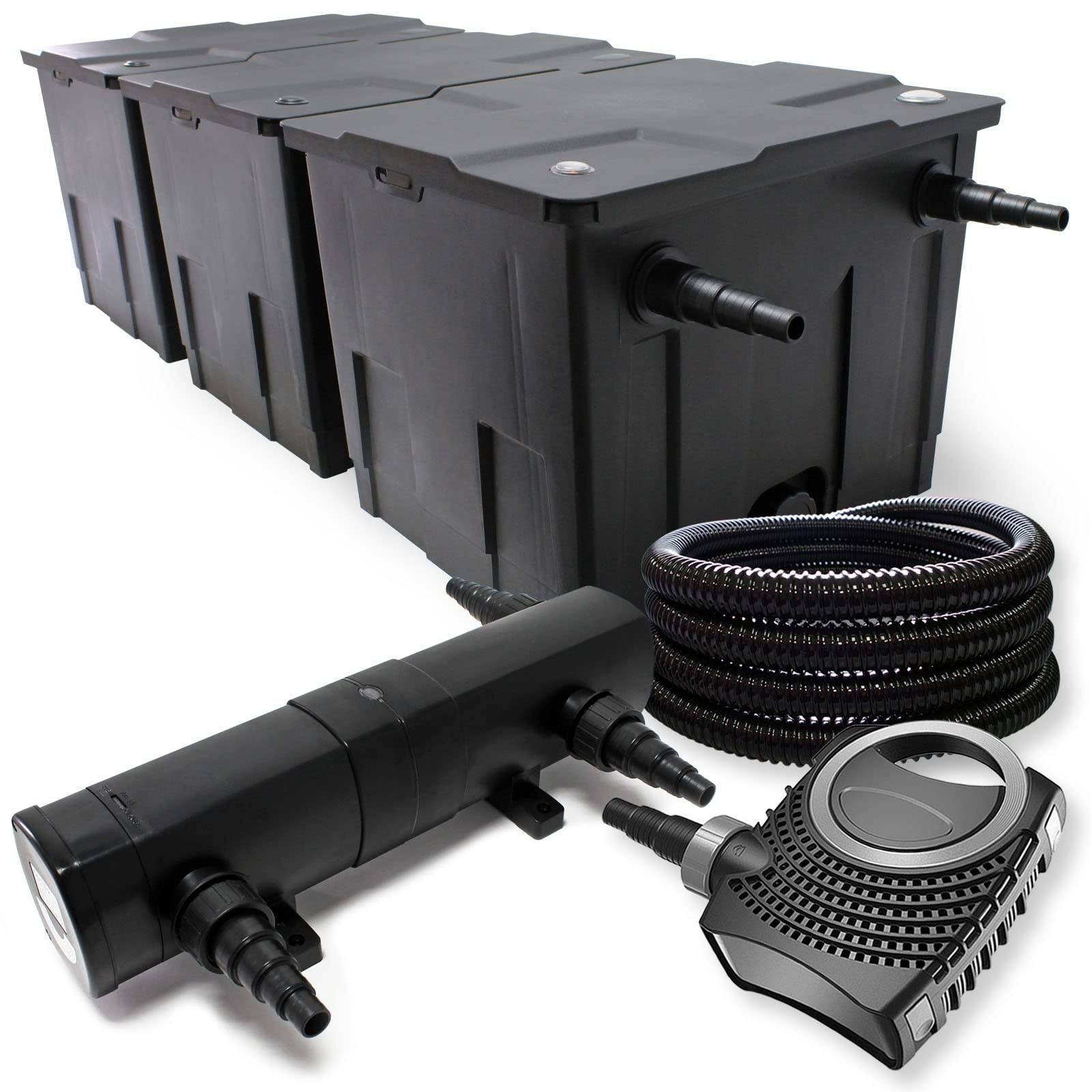 Wiltec Kit complet: CBF-350C Filtre de bassin jusqu'à 90000 L Biologique, NEO10000 SuperECO pompe de filtration 10000l/h 80W, CUV-224 lampe uv UVC Clarificateur avec 24W, 25m Tuyau 25 mm