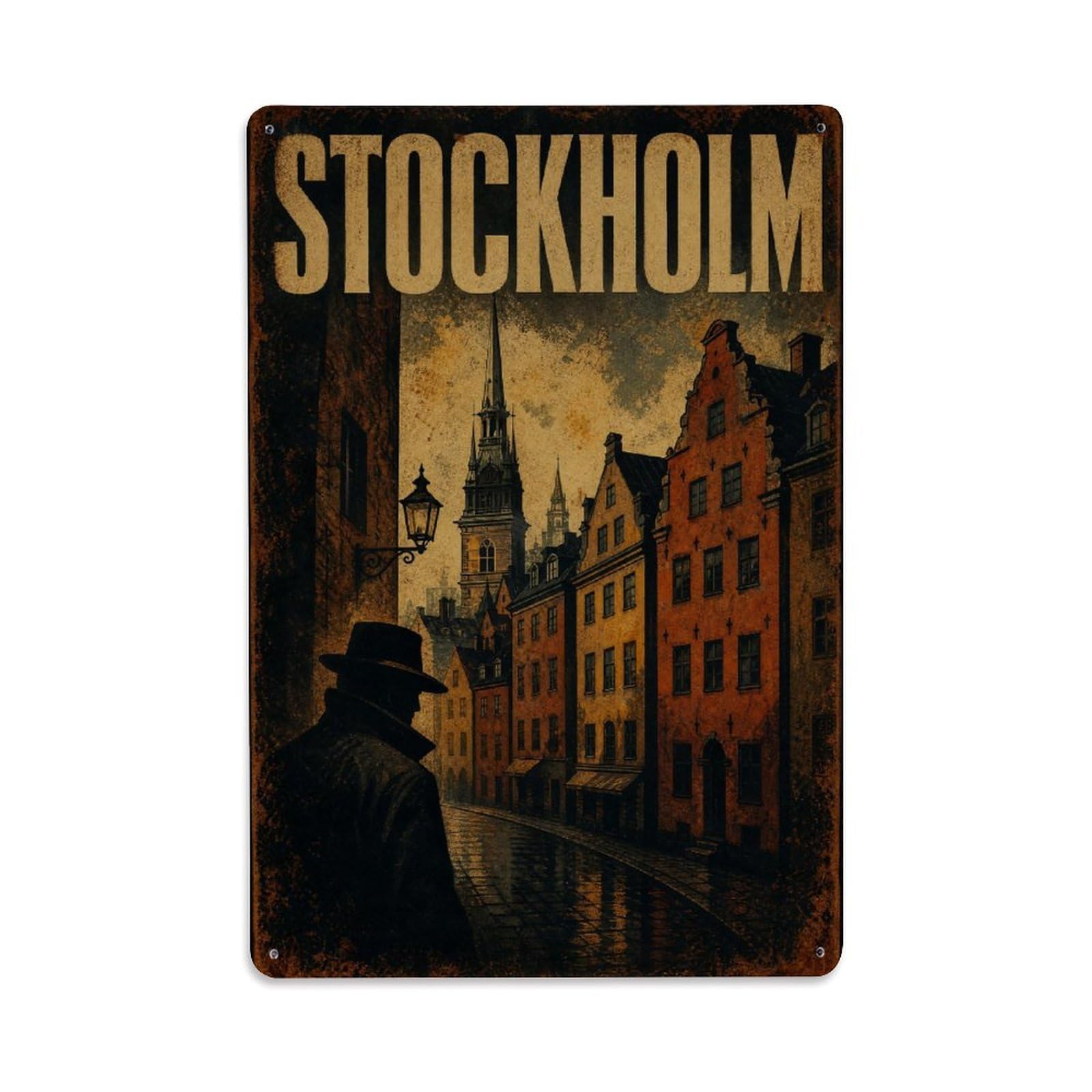 Huiyhb 8X12inch(20X30cm) Vintage Travel Stockholm Old Town Charm Sweden Metal Tin Sign