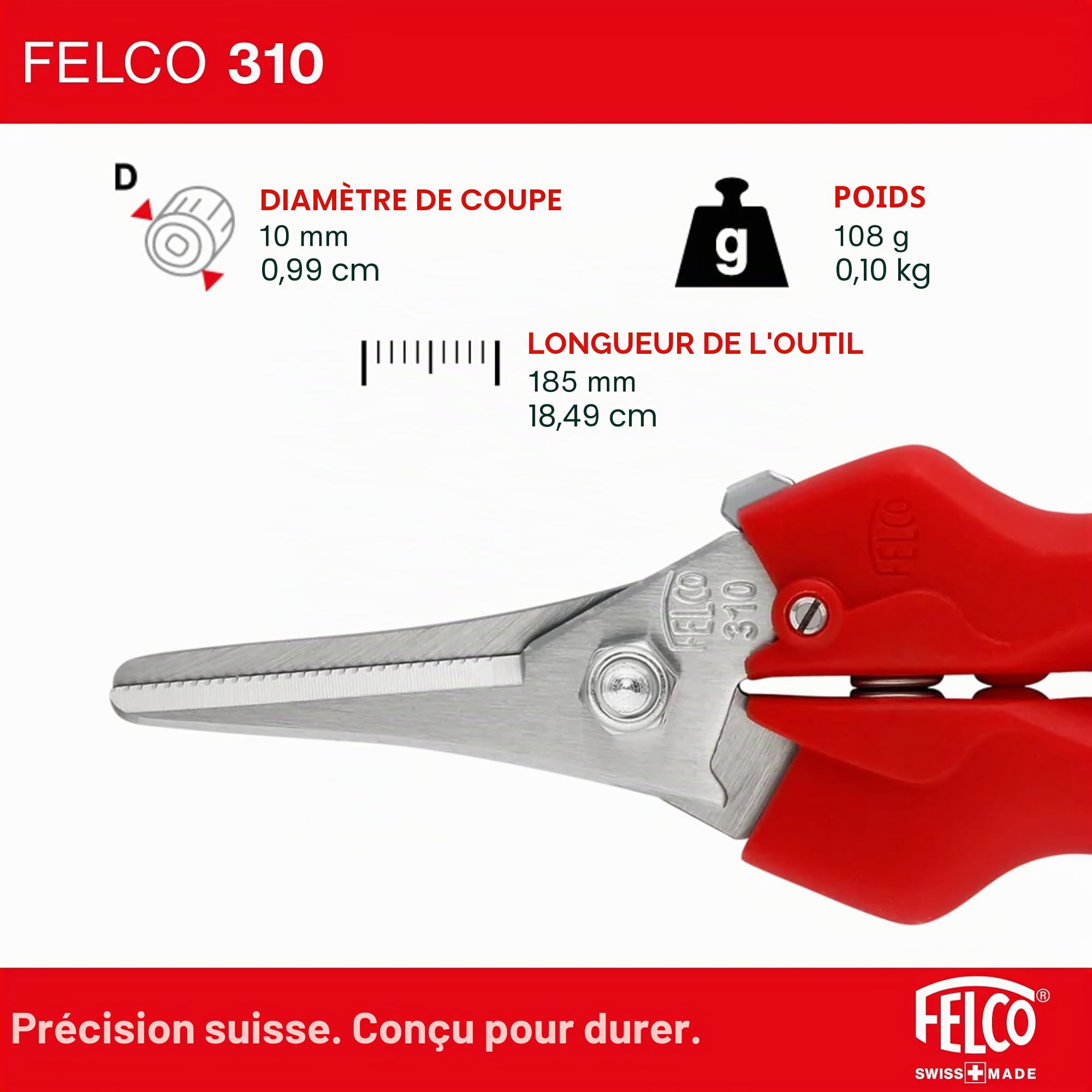FELCO 310 épinette de précision inox, lame fine 46 mm incurvée, coupe 10 mm, cueillette fruits et fleurs, poignées ergonomiques, ressort intégré, outil léger et maniable, idéal espaces restreints