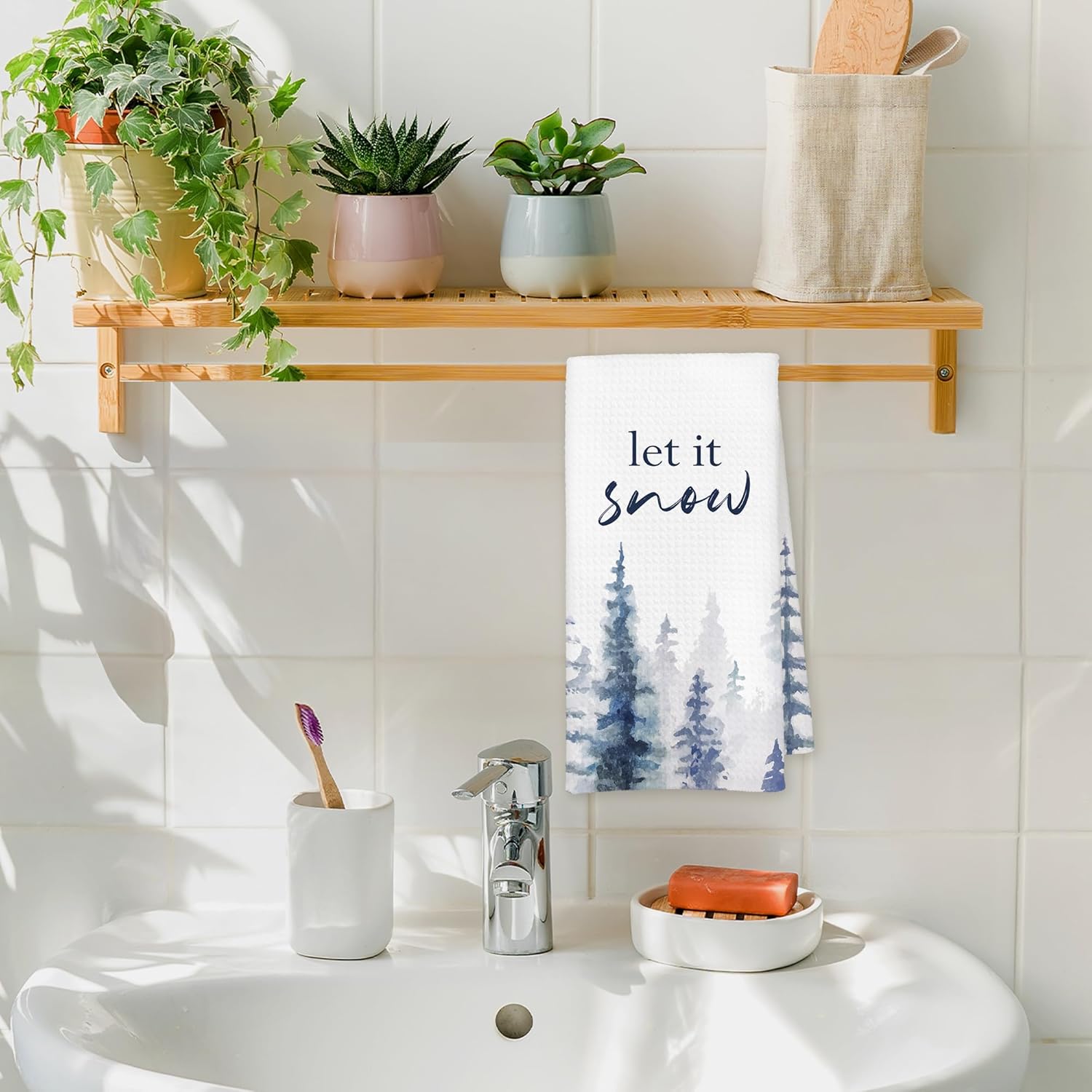 Winter Blue Forest Christmas Tree Kitchen Towels, Snow Pine Tree Xmas Holiday Seasonal Farmhouse Decorative Hand Tea Dish Towel for Bathroom Kitchen Decor, 16x24 Inch - Image 6