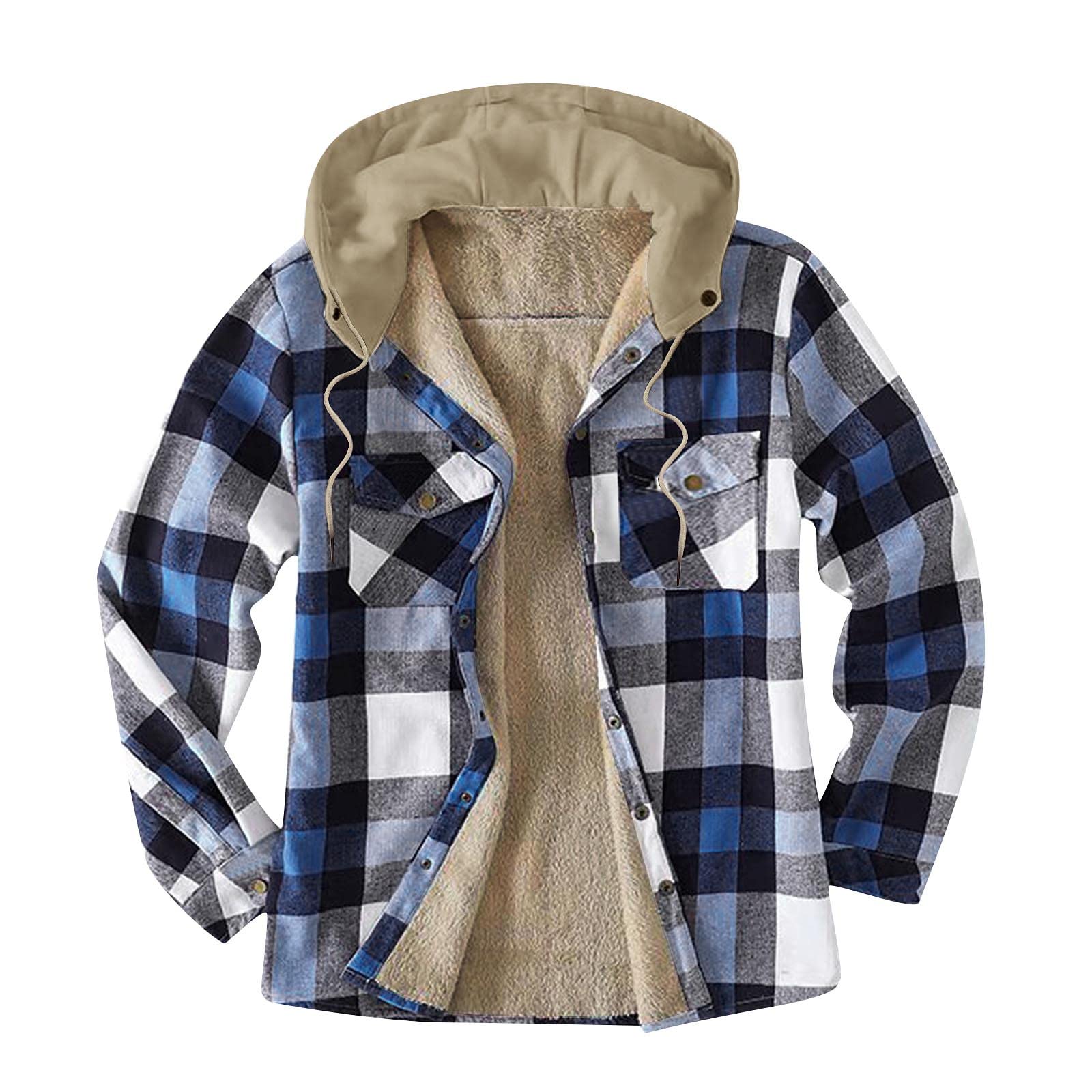 Mens Quilted Lined Jacket,Plaid Cozy Warm Flannel Shirt Hooded Velvet Coat Maplewood Hooded Shirt Jacket