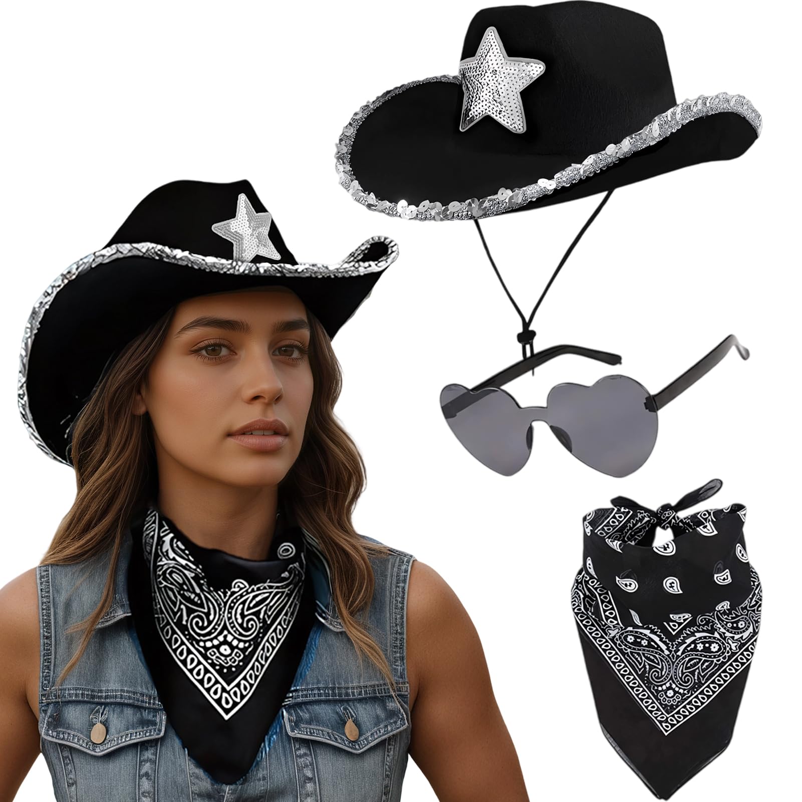 Meriviva Cowboy Hat Women, 3Pcs Western Cowgirl Hat Set with Bandanna Glasses, Cowgirl Costume Accessories for West Fancy Dress Party (Black A (3 piece set))