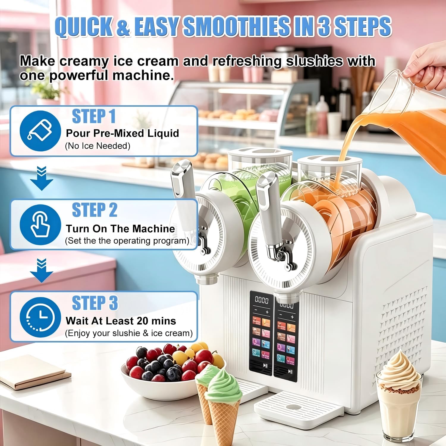 Máquina De Granizados, 2 L*, Máquina De Granizados De Doble Ranura para Uso Comercial Y Fiestas, 7 Programas Preestablecidos, Máquina para Bebidas Frías con Autolimpieza Y Pantalla LED Black