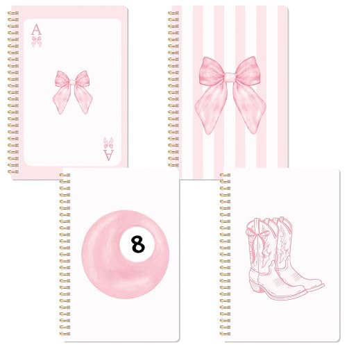 CNhoqc Pink Spiral Journal Notebook - 4 Pcs A5 Pink Watercolor Coquette Bow Lined Pages Hardcover Spiral Bound Journal Subject Notebook Work School Note Taking Supplies Women Men Birthday Graduation