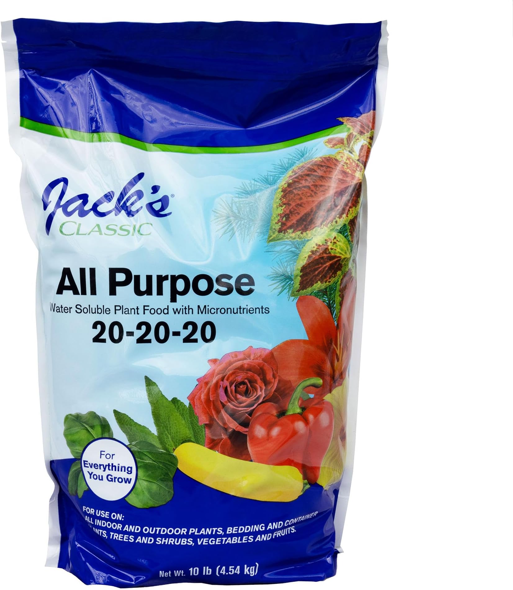 Jack's Classic 20-20-20 All Purpose Water-Soluble Fertilizer with Micronutrients to Provide General Growth on All Plants, 10lbs