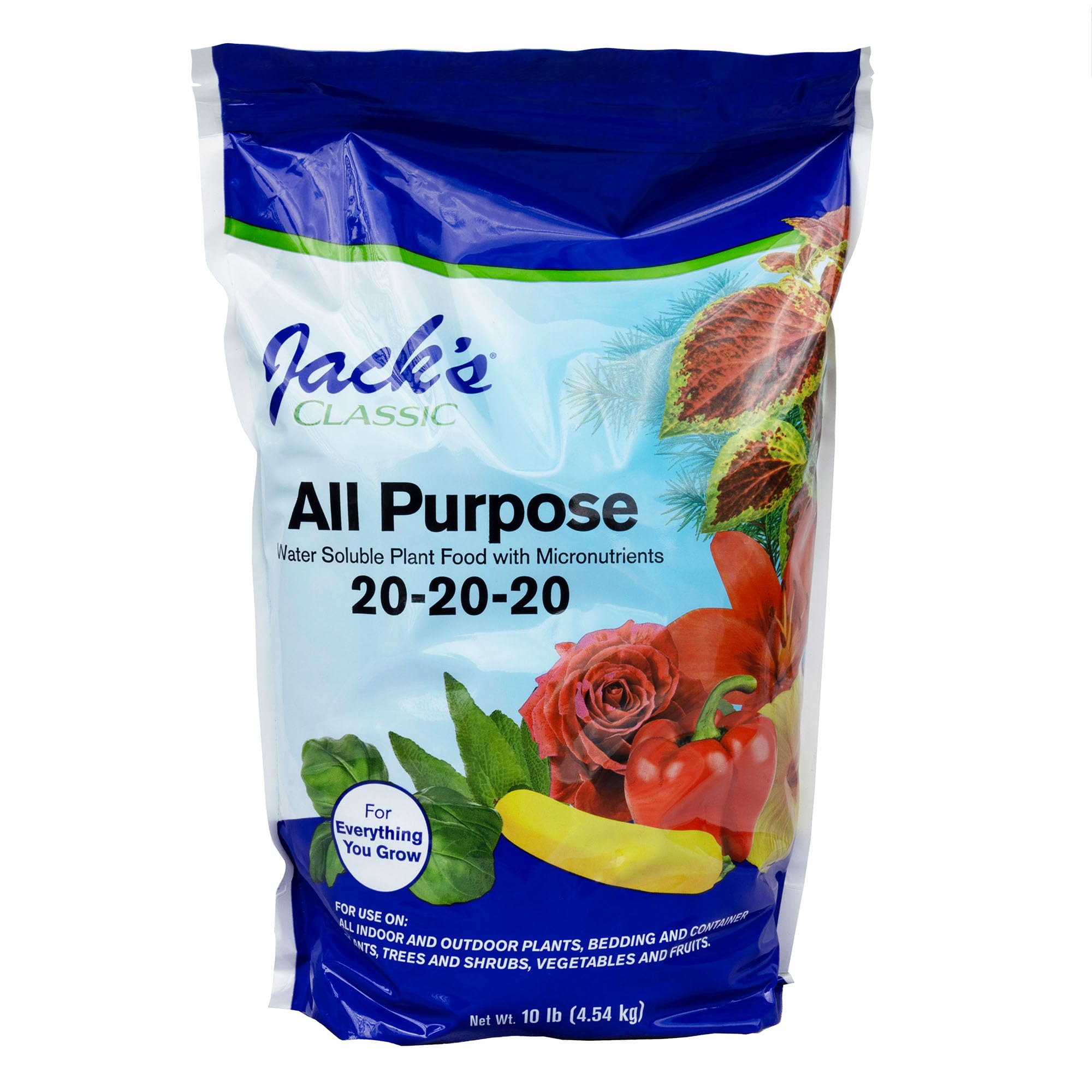 Jack's Classic 20-20-20 All Purpose Water-Soluble Fertilizer with Micronutrients to Provide General Growth on All Plants, 10lbs