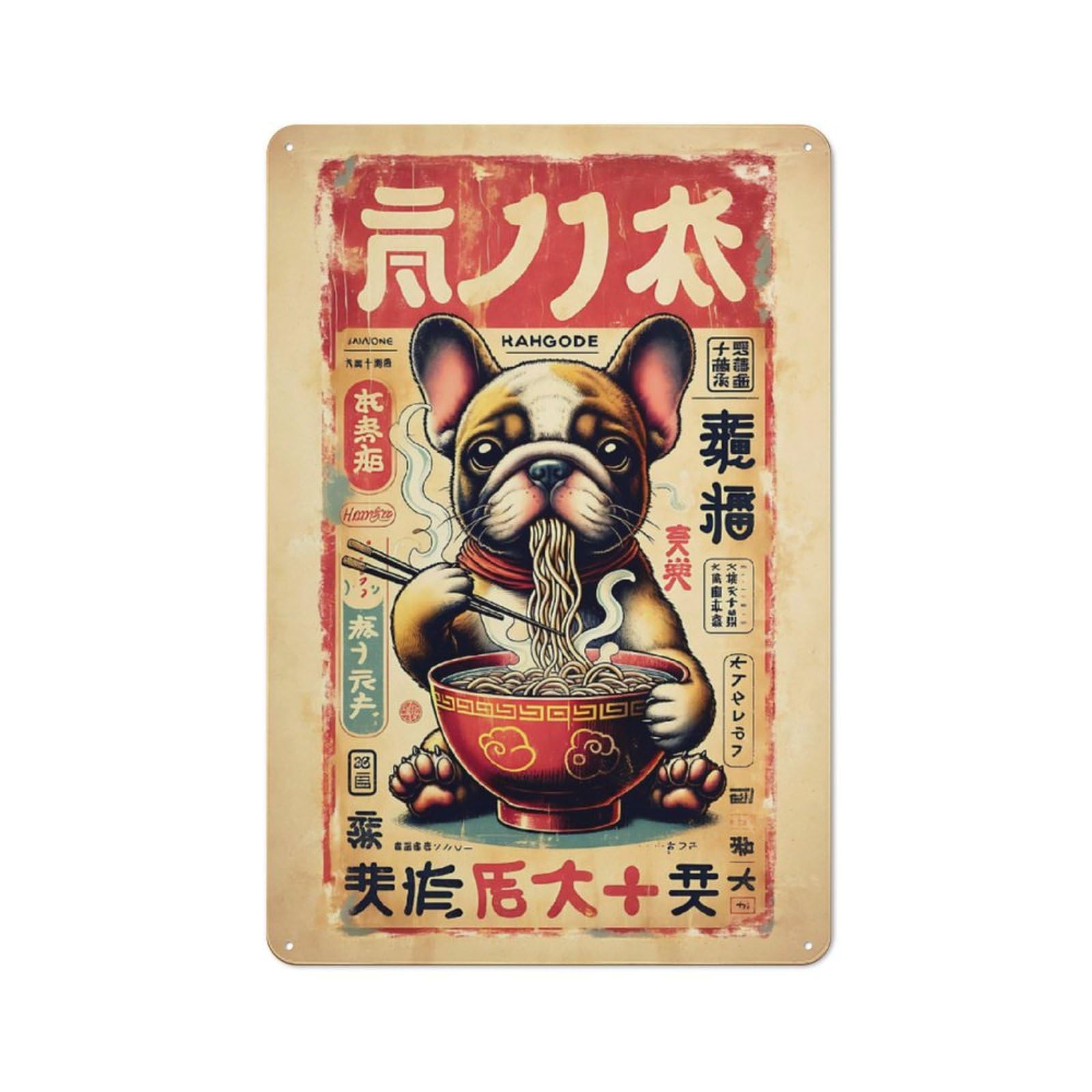 Junmoney Dog Eating Ramen Japanese Poster Style Metal Wall Sign 30X20cm Featuring For Bar Or Restaurant, For Bar Decor Enthusiasts