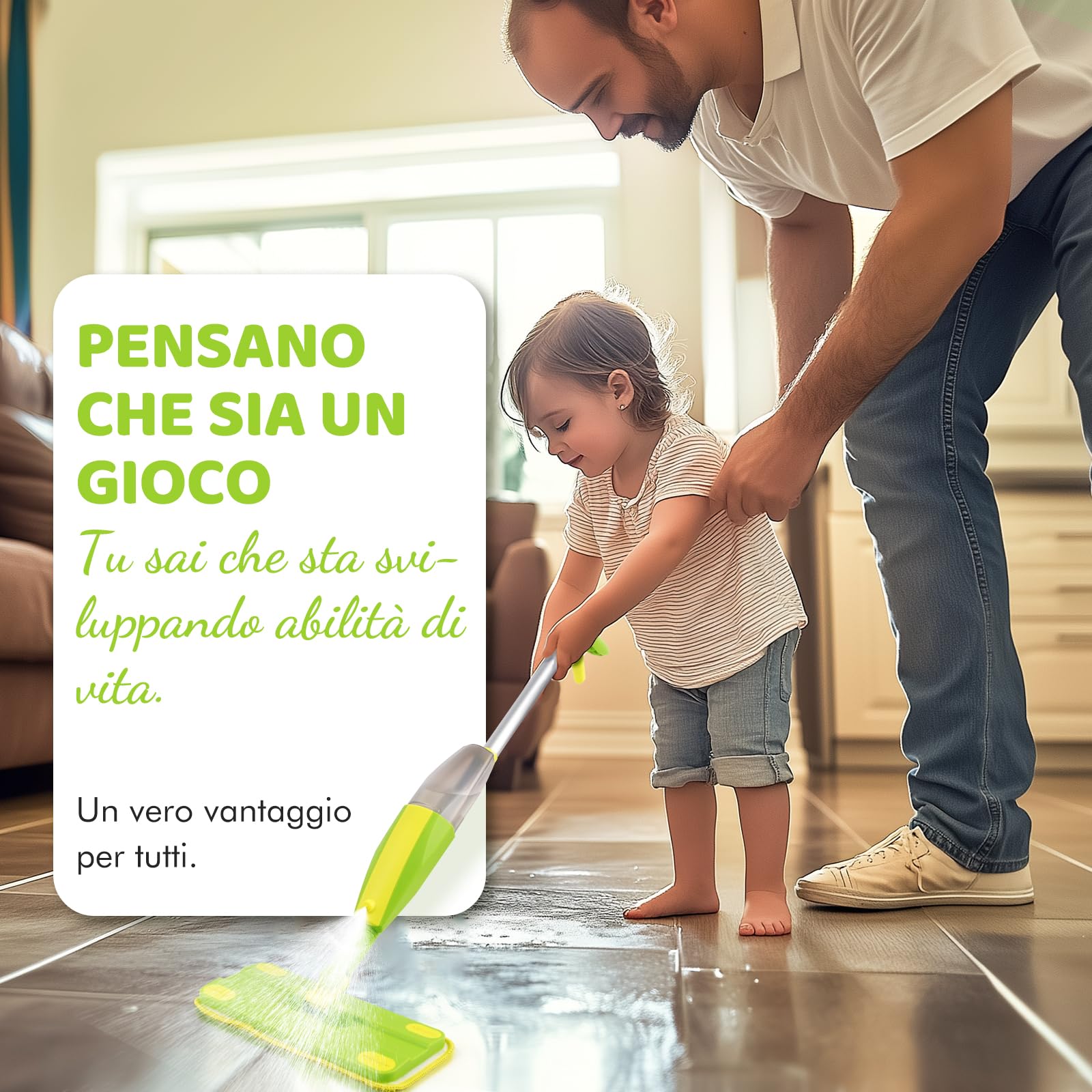 Mocio Giocattolo per Bambini con Spruzzo - Set Pulizia Bambini Montessori con 2 Panni Lavabili e Supporto | Kids Spray Mop, Scopa Bambini Gioco, Gioco Educativo Montessori 3+ Anni