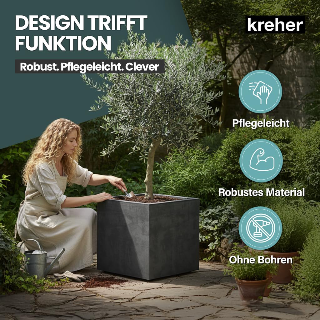 Kreher 2 x XL Pflanzkübel 'Millennium' in verschiedenen Formaten/Farben. Tolle Naturstein Optik in Anthrazit, Grau, Creme Weiß oder Braun! Aus robustem Kunststoff. (Anthrazit, 2 x 80 Liter Eckig)