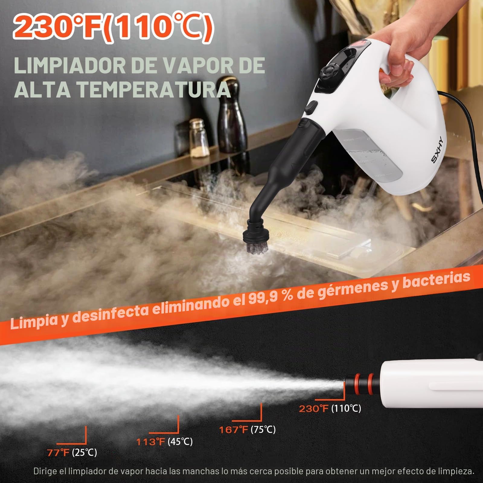 Limpiador de vapor portátil, limpiador de vapor para el hogar, multiusos, tanque de agua transparente, kit de 11 accesorios para sofá, ducha, tapicería