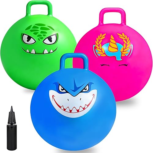 Bolas de rebote con asas Hymaz para niños, paquete de 3 pelotas saltarinas para niños de 3 a 6 años, pelotas hippity hop de 18 pulgadas con bomba de