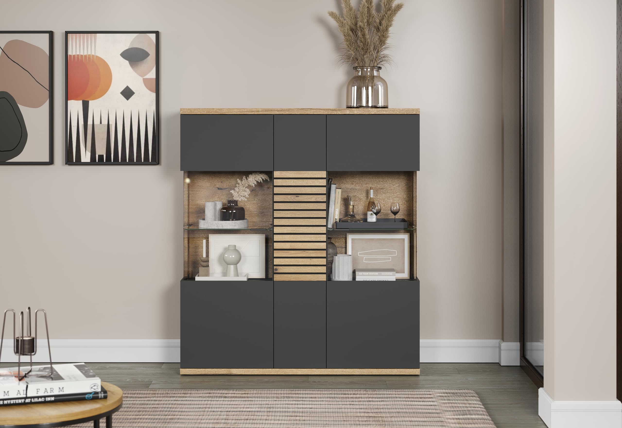 trendteam smart living - Norris - Vitrine - Anthrazit/Evoke Eiche - Highboard mit 15 Fächern - (BxHxT) 131 x 147 x 38 cm - Soft-Close-Türen und Vollauszug-Schubladen - kratzfest