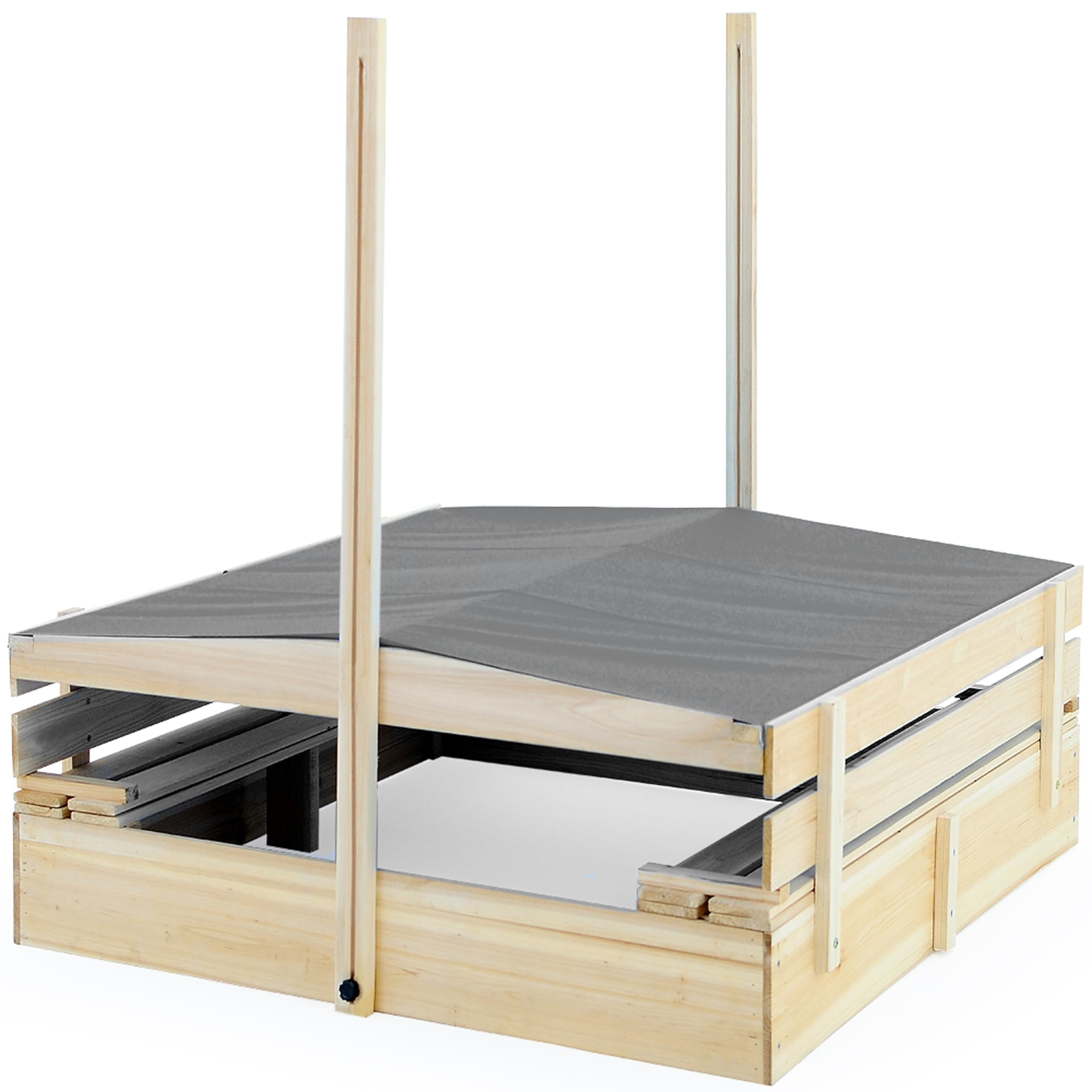 Spielwerk® Sandkasten Toni Sonnendach Sitzbank 120x120x120cm Naturholz Fichtenholz UV-Schutz Sandbox UV50+ Kantenschutz Bodenvlies Outdoor Kinder | Soft Play, ideal mit Kinetic Sand, Kleinkind-Gartenspielzeug, Holzspielhaus Sandkasten mit 2 Bänken & Boden