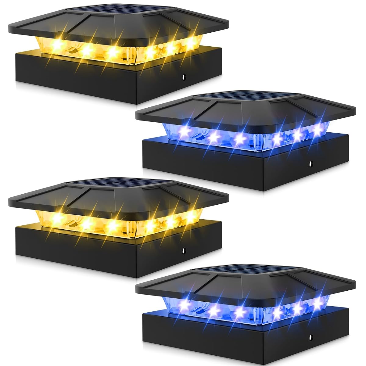 Peasur 4 Packs 4X4 Solar Post Lights Outdoor Blue & Warm White Led Fence Caps