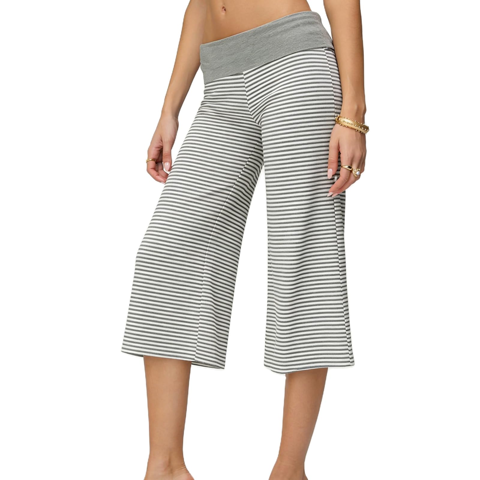 Muineobuka Women Foldover Capri Pants High Rise Flowy Gaucho Pants Yoga Cropped Trouser Folding Palazzo Culotte Lounge Bottom Light Gray Small