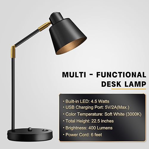 Miniatura 5 de Lámpara de escritorio LED con dos puertos de carga USB, 100% metal, brazos giratorios de 270°, luz blanca suave (3000 K), lámpara de lectura de