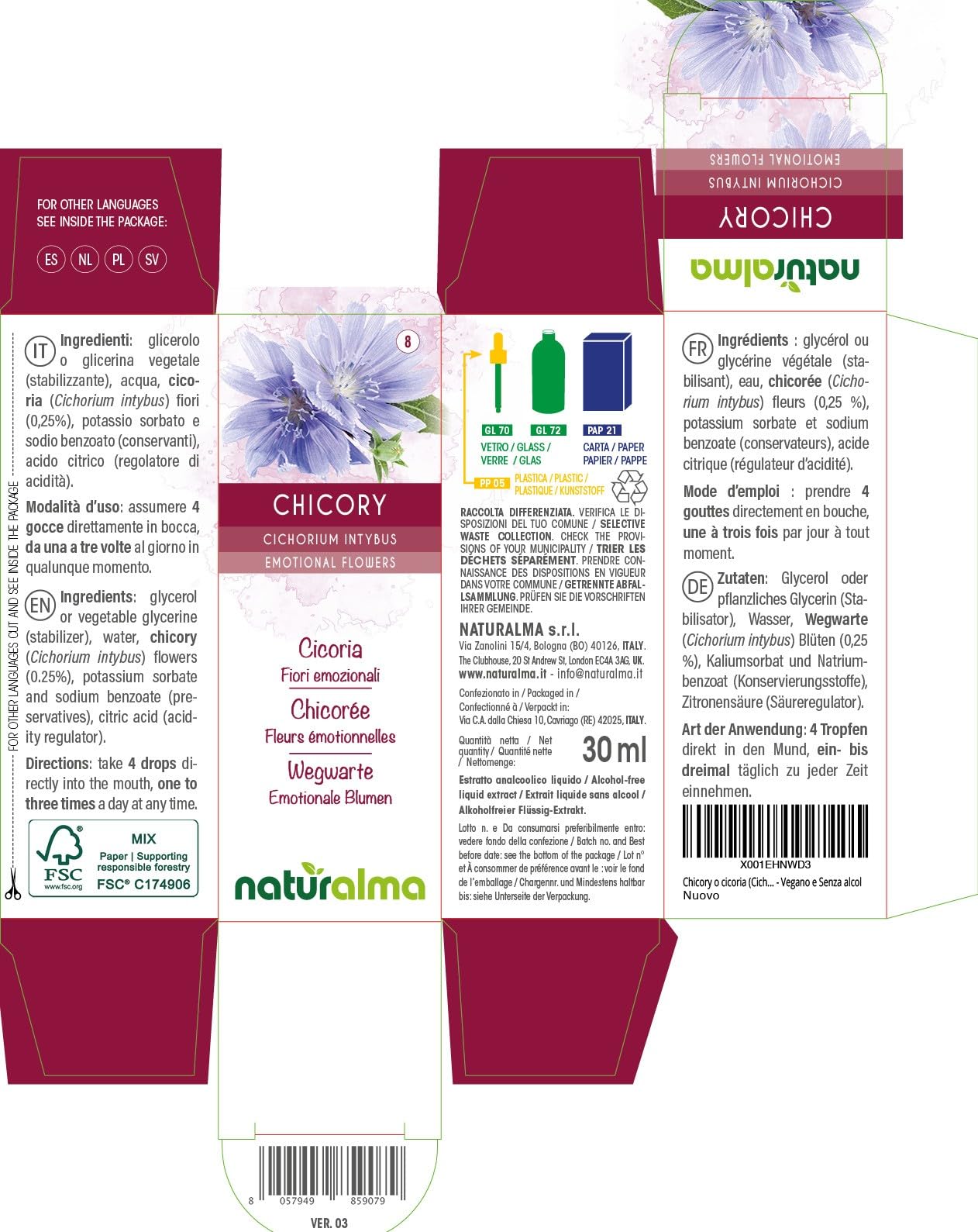 Chicory lub Cykoria podróżnik (Cichorium intybus) Kwiaty emocji lub Kwiaty Bacha Naturalma - Krople 30 ml - Płynny ekstrakt bezalkoholowy - Esencje kwiatowe - Wegański