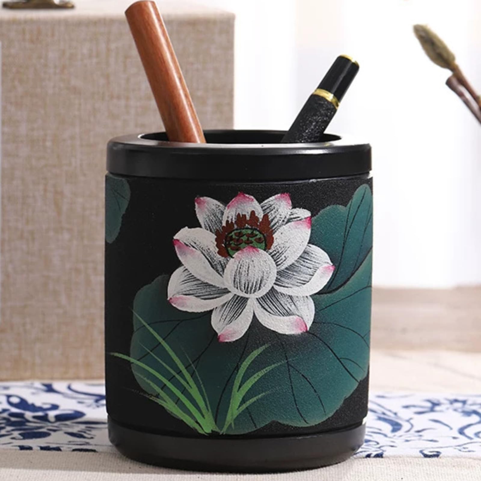 Z pudełkiem prezentowym czarny ceramiczny malowany uchwyt na długopisy ceramiczne, 11 cm 10,9 cm, porcelana rękodzieło ozdoba stołowa
