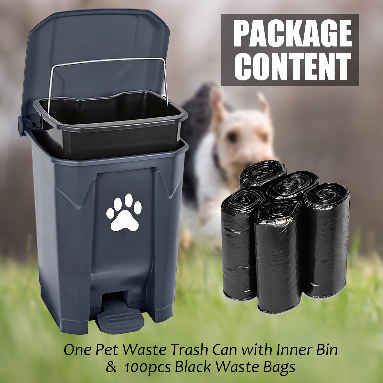 tebiete Cubo de basura para excrementos de perros al aire libre, estación de residuos de mascotas con tapa, contenedor de eliminación de residuos de perros con cubo interior extraíble, pedal manos