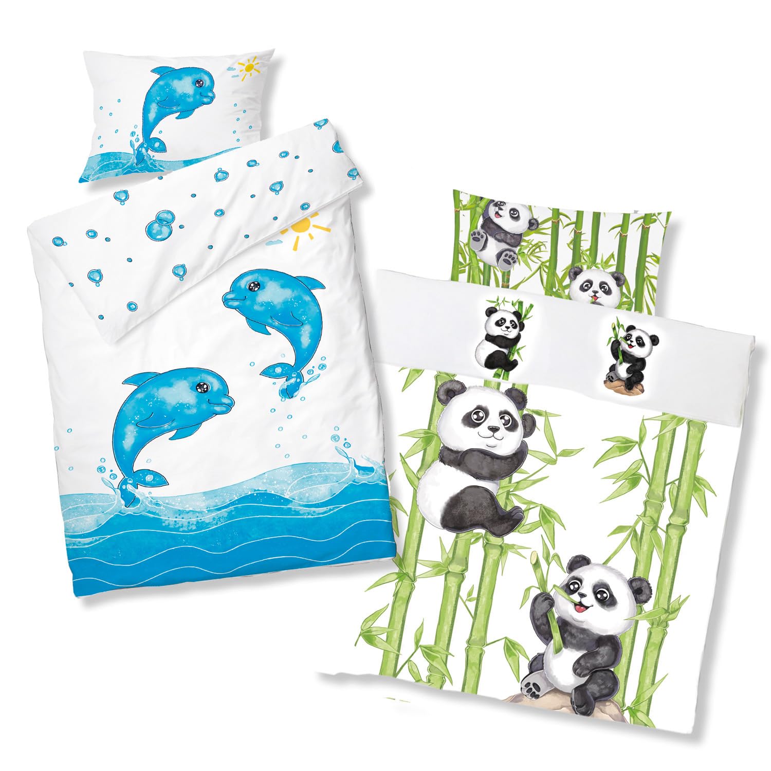 Koru Kids® Kinder Bettdecke 100x135 cm - für Frühjahr/Sommer - Set mit 2 Kinder-Bettbezügen Delfin & Panda – mit 95° waschbar – extra Hygiene für Allergiker – Kinderbettdecke - Duvet
