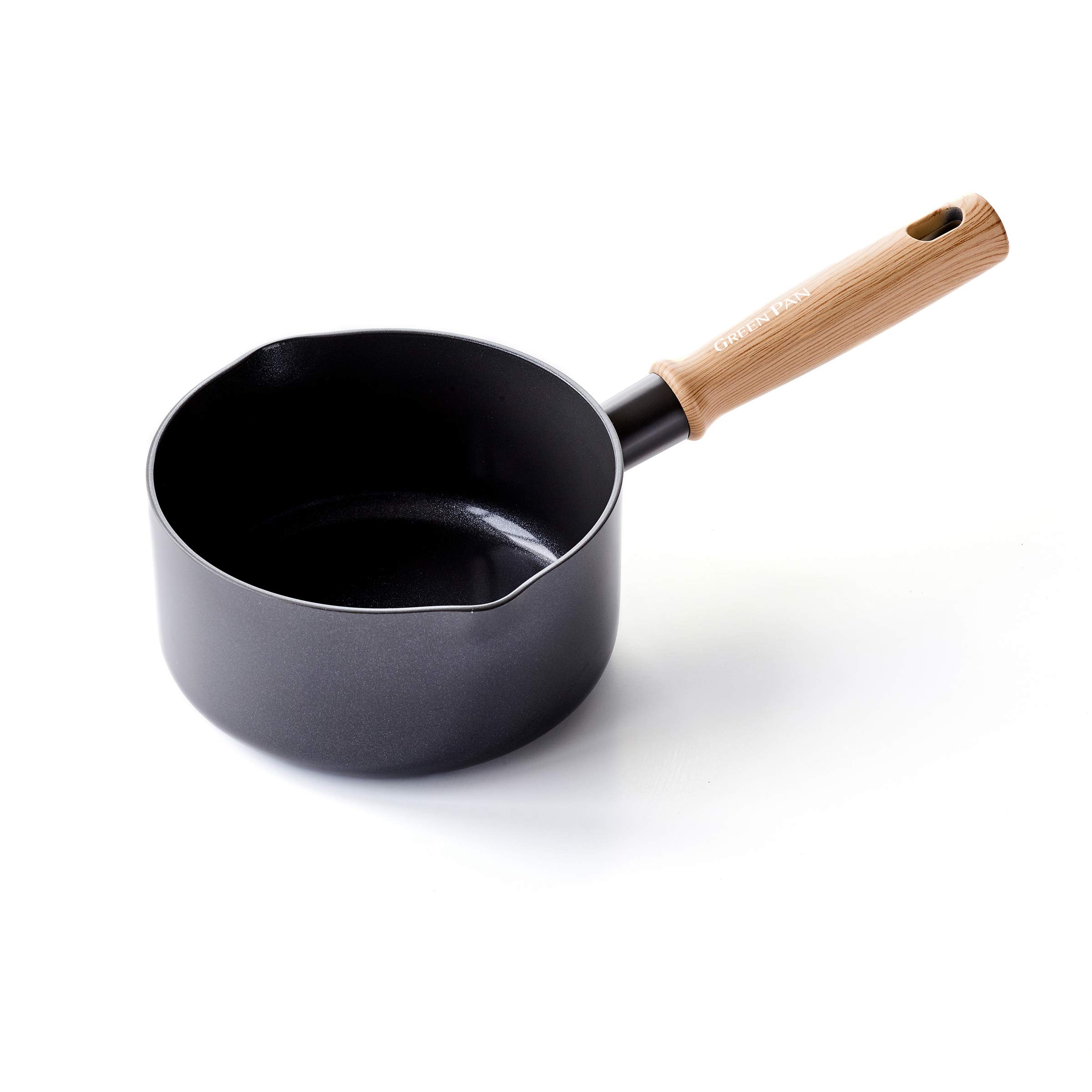 Hudson Healthy Ceramic Nonstick, 1.6 QT Saucepan Pot, Vintage Wood Inspired Handle, PFAS-Free, Dishwasher Safe, Black