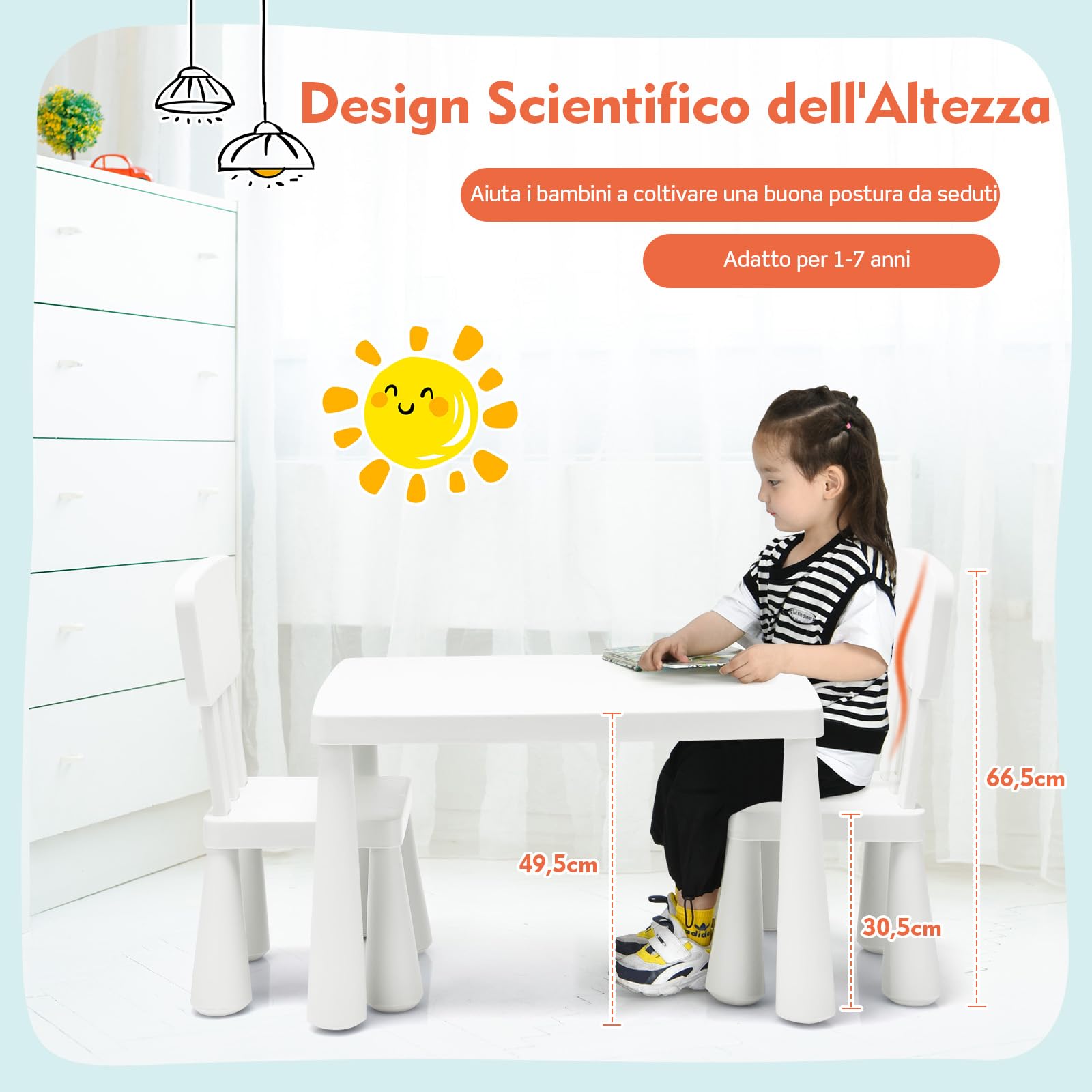 RELAX4LIFE Mesa y Silla Infantil de PP, Mesa Infantil con 2 Sillas, Respalda Ergonómica y Bordes Redondeados para Escribir, Leer, Jugar y Comer, Mesa Infantil con Sillas para Niños 1-7 Años (Blanco)