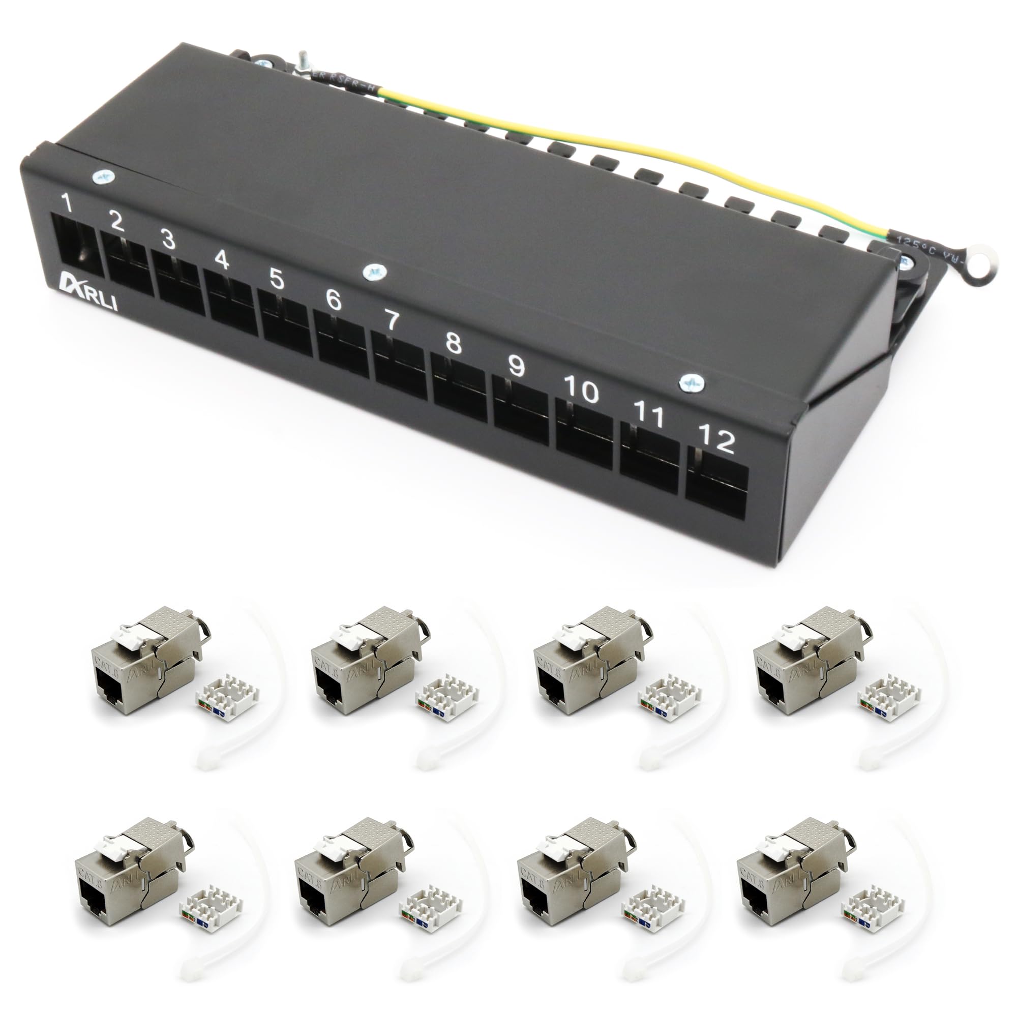 ARLI Patchpanel Cat8 inkl. 12x Keystone Cat8.1 Module – 12-Port Patchfeld Gehäuse Schwarz – Einfache Snap-In Montage – 1HE – Inkl. Kabelbinder & Montagematerial