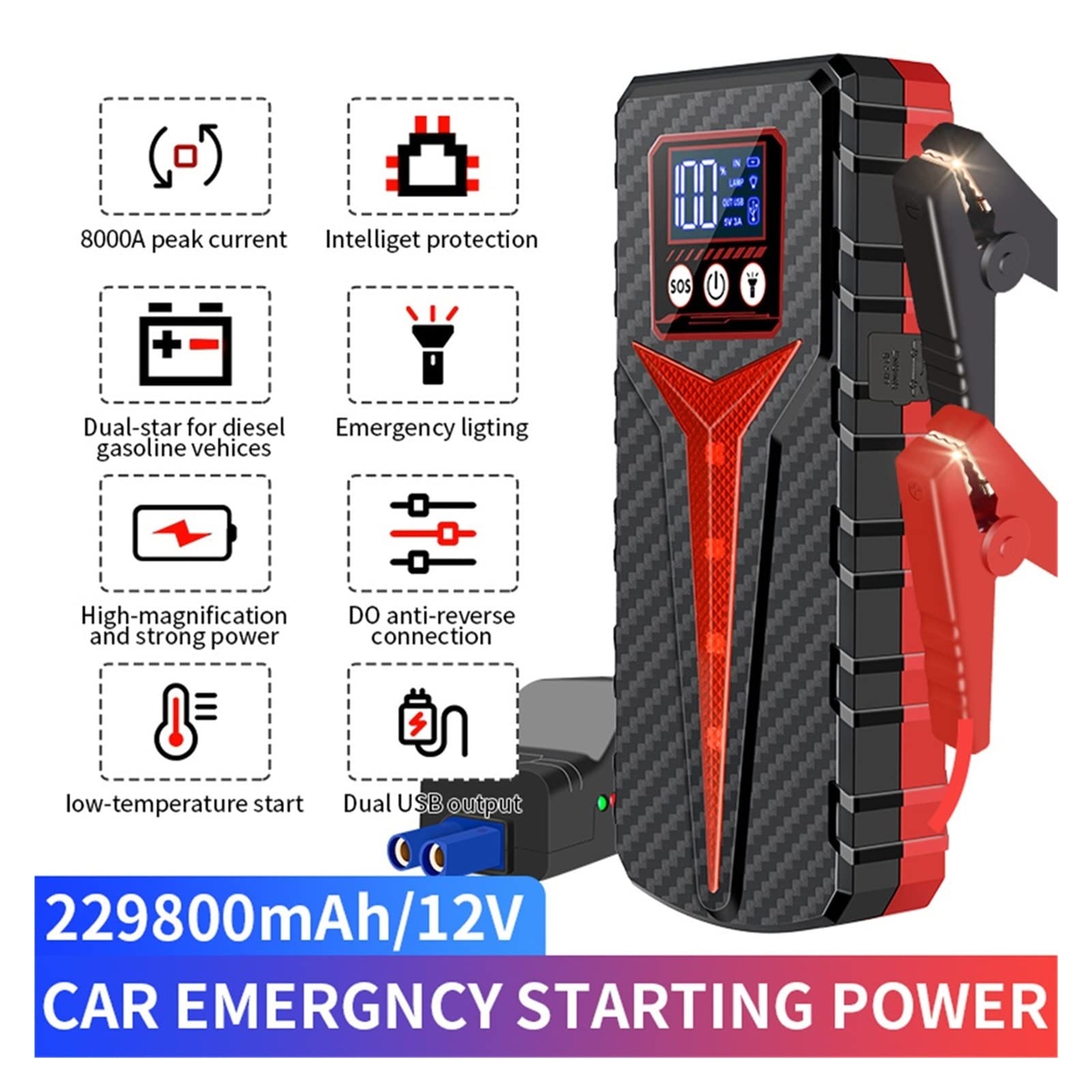 Avviatore di Emergenza for Auto 8000A Caricabatteria Emergenza Power Bank Booster for Veicoli A Benzina E Diesel 12V(Color:Standard)