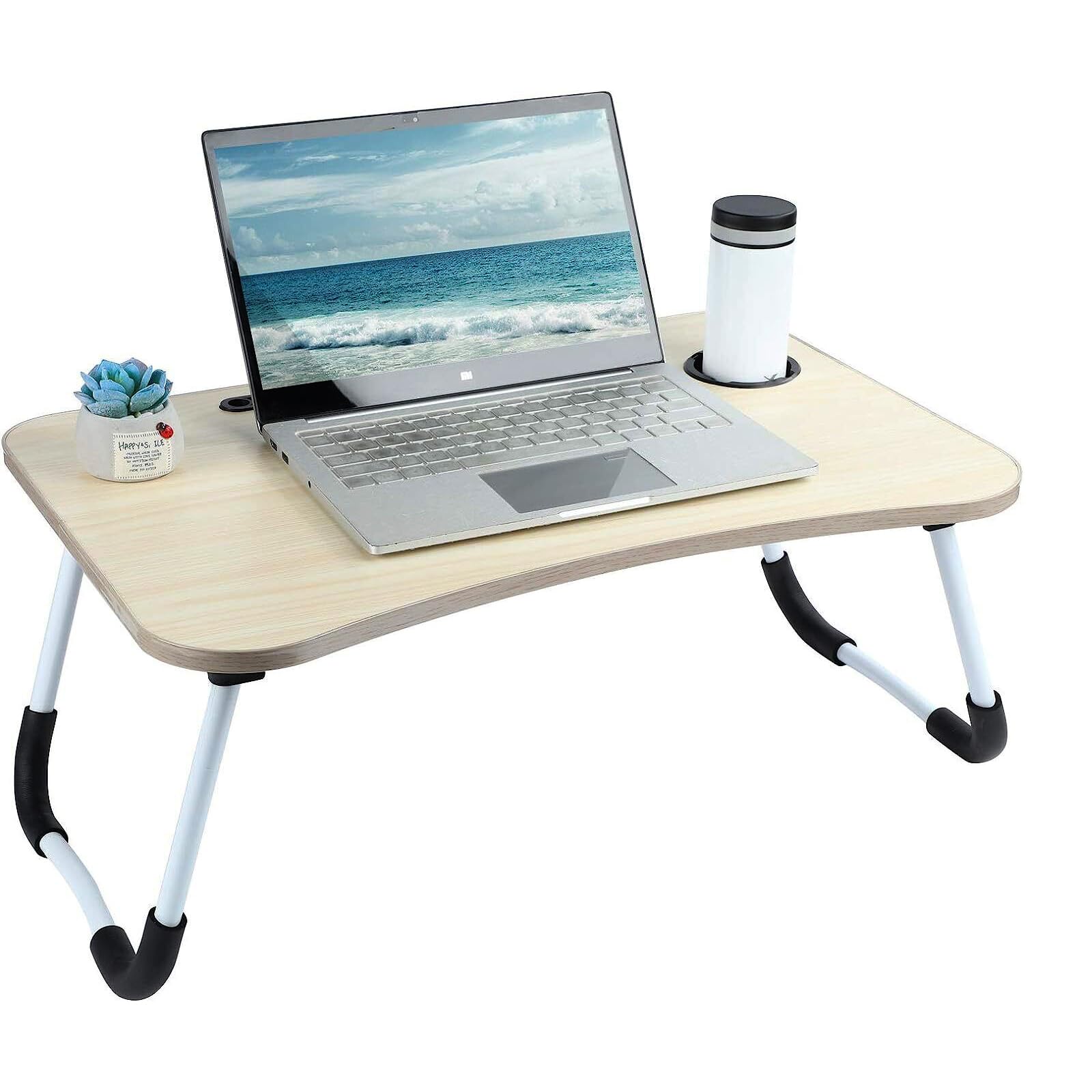 Ntek White Maple Laptop Bed Table | Portable Standing Desk With Foldable Legs & Cup Slot | Notebook Desk For Laptop, Reading, Watching Movie (White Maple)