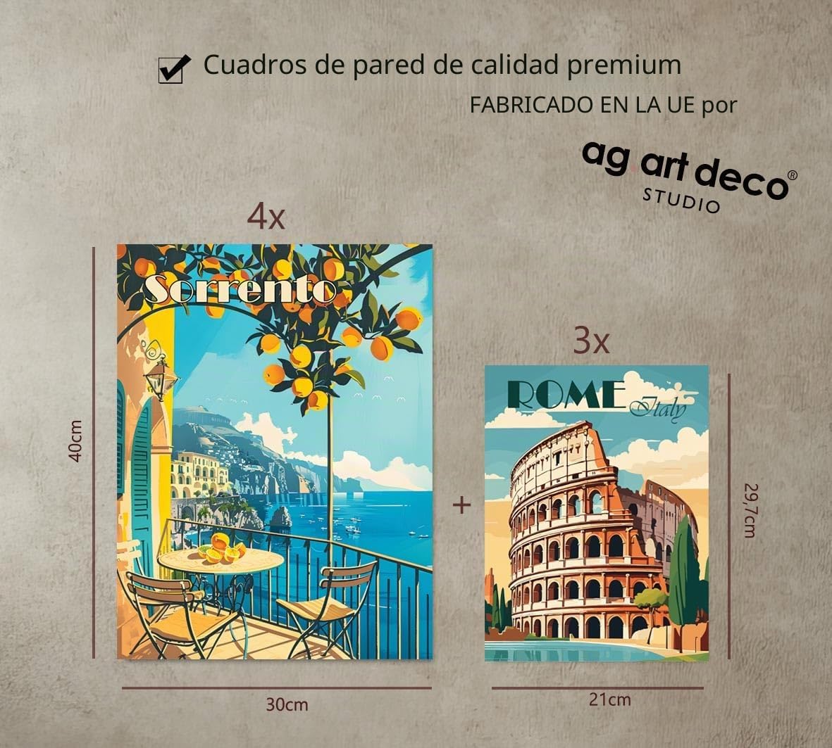 ag.art deco Paquete de 7 Cuadros Marco de Madera Decoración Mural | Hola Italia, Madera MDF Resistente, para Salón y Dormitorio, Diseño Moderno, Cristal Protector, Montaje Fácil en Pared, Salón