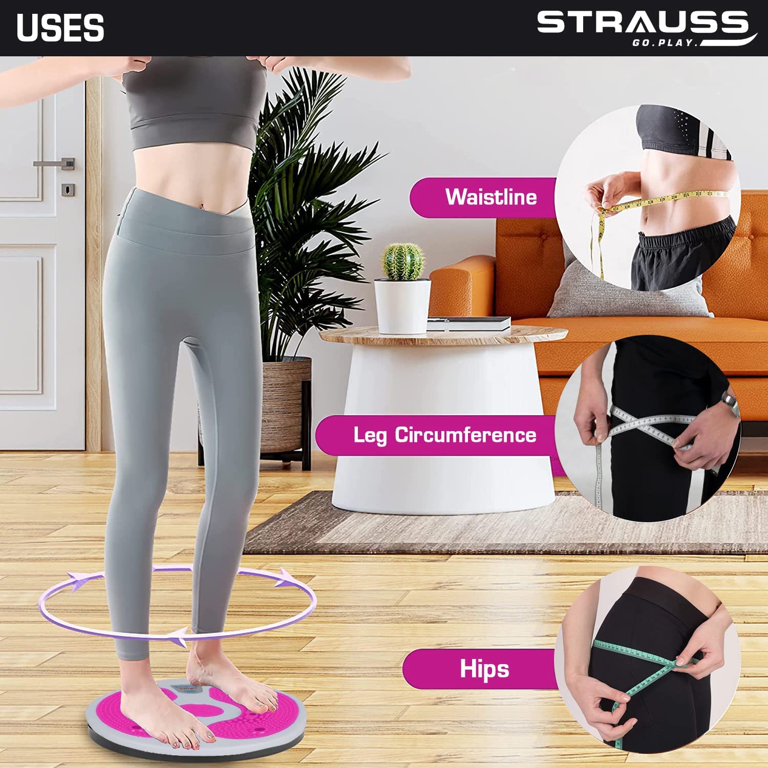 Strauss Tummy Twister | Tummy Trimmer, Abs Roller & Shaper for Women & Men | Exercise Machine with Non-Slip Surface | Ideal Equipment for Home Workouts (Pink) 3