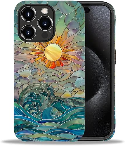 DAIZAG Funda compatible con iPhone 15 Pro Max, diseño de rayas de sol con diseño de olas de océano, patrón completo de plástico suave TPU