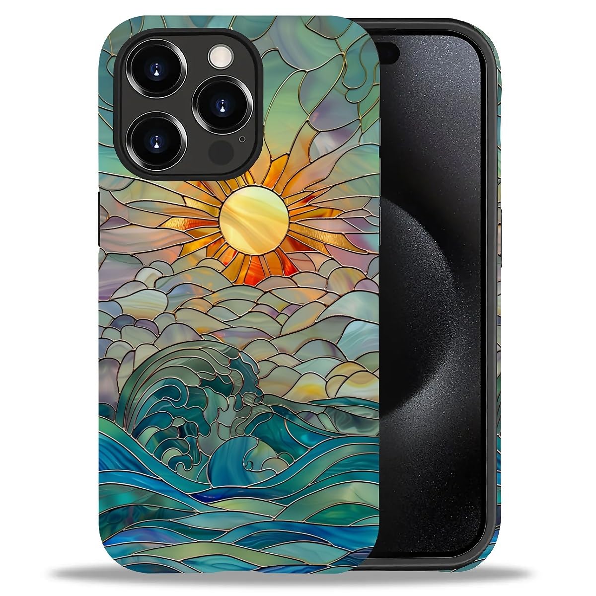 DAIZAG Compatible with iPhone 15 Pro Max Case,Sun Rays Ocean Waves Stained Glass Full Pattern Plastic Soft TPU Anti-Drop,Double Protection Corner Case